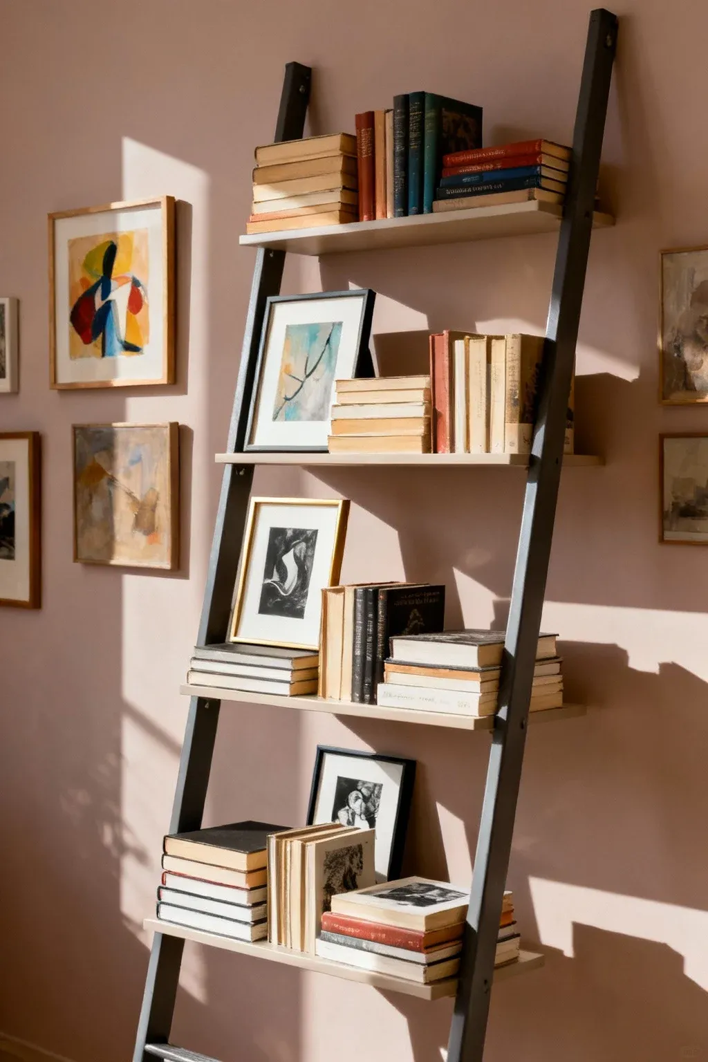 A ladder shelf with a balanced mix of books and framed art.