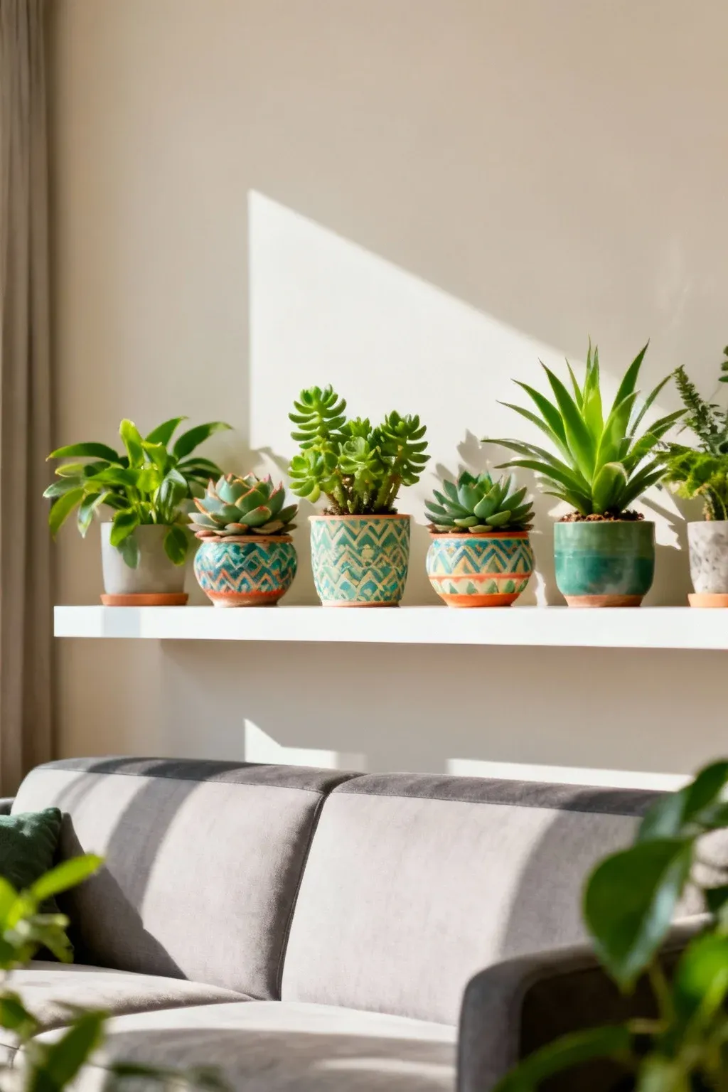 Floating shelf above a couch decorated with various green plants in pots.