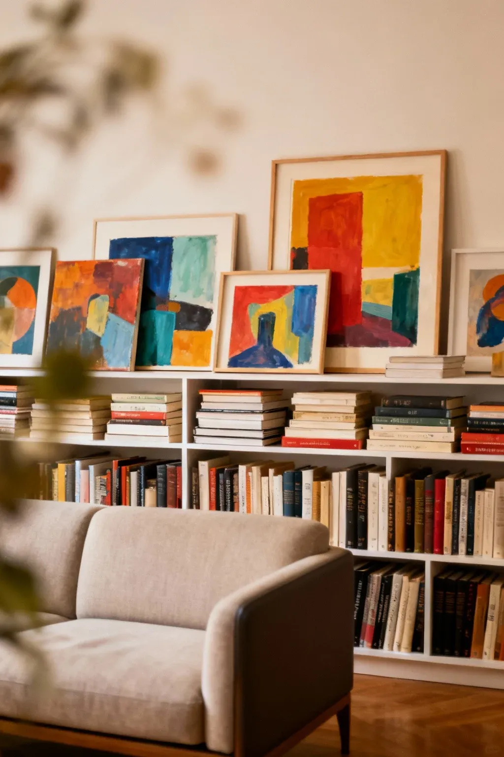 Shelves behind a sofa layered with art and books, creating a dynamic visual display.
