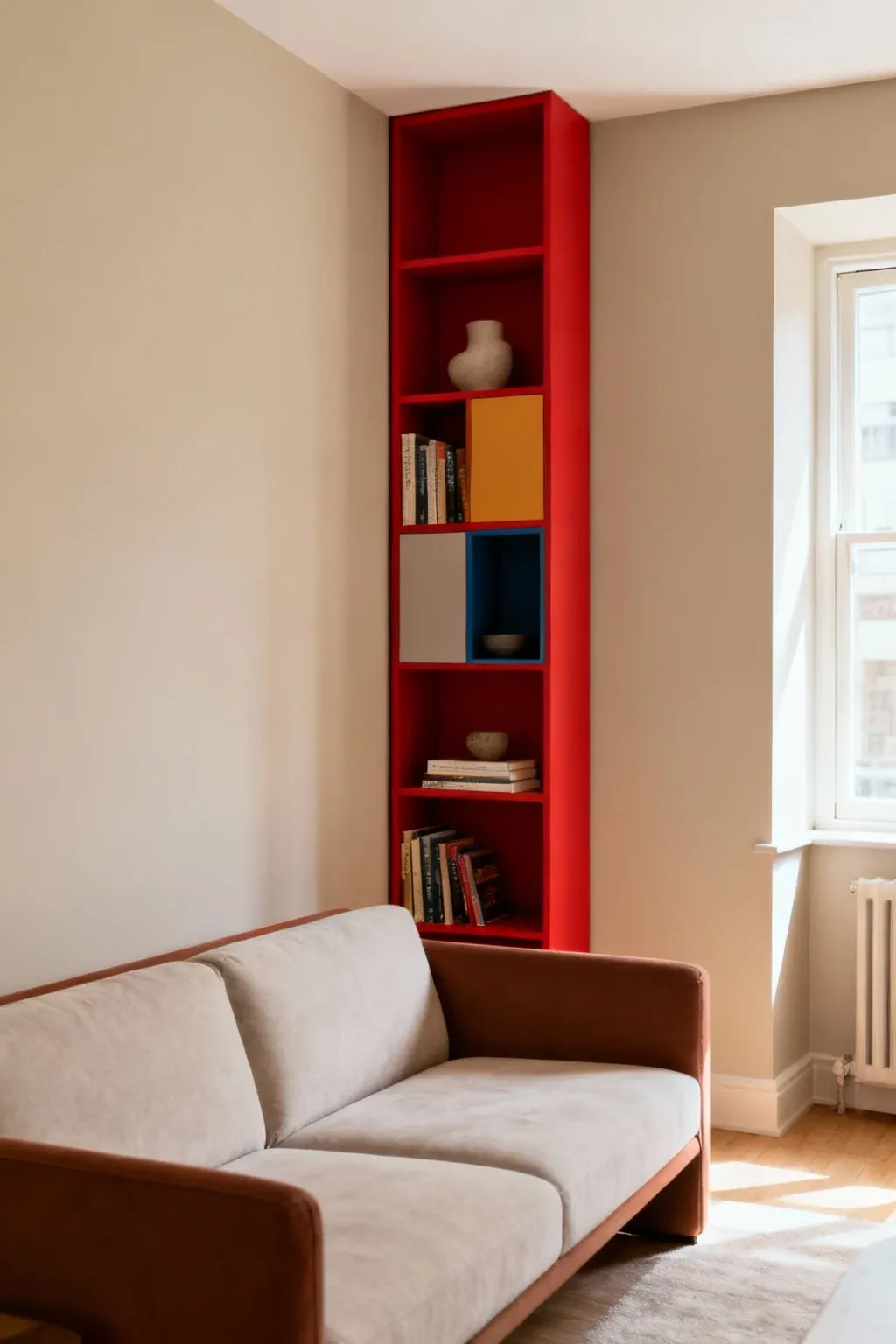 Narrow bookcase behind a couch in a compact living room, stylishly organized.