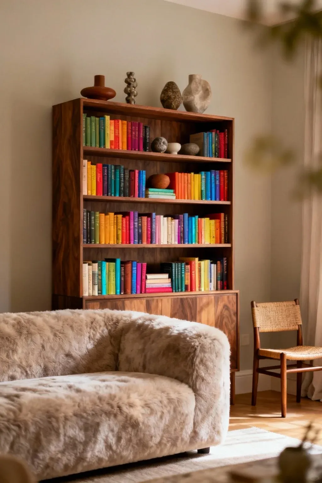 A cozy reading corner with a bookcase behind a sofa, filled with books and decor.