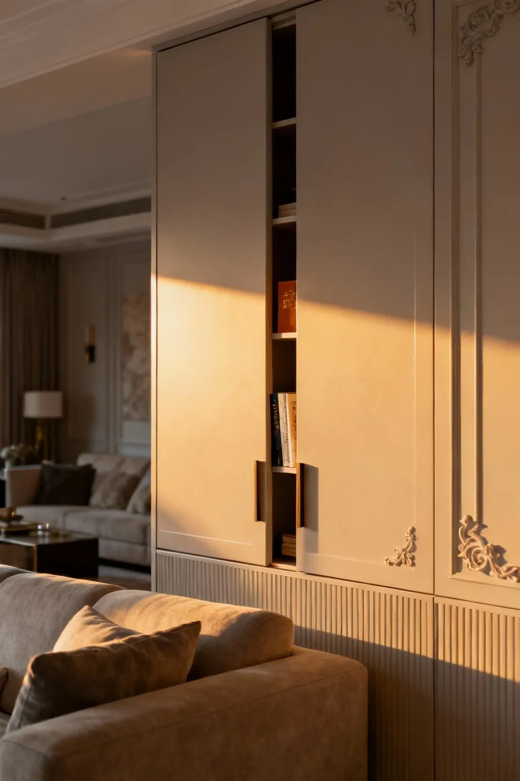 A stylish cabinet behind a couch, providing storage and enhancing room decor.