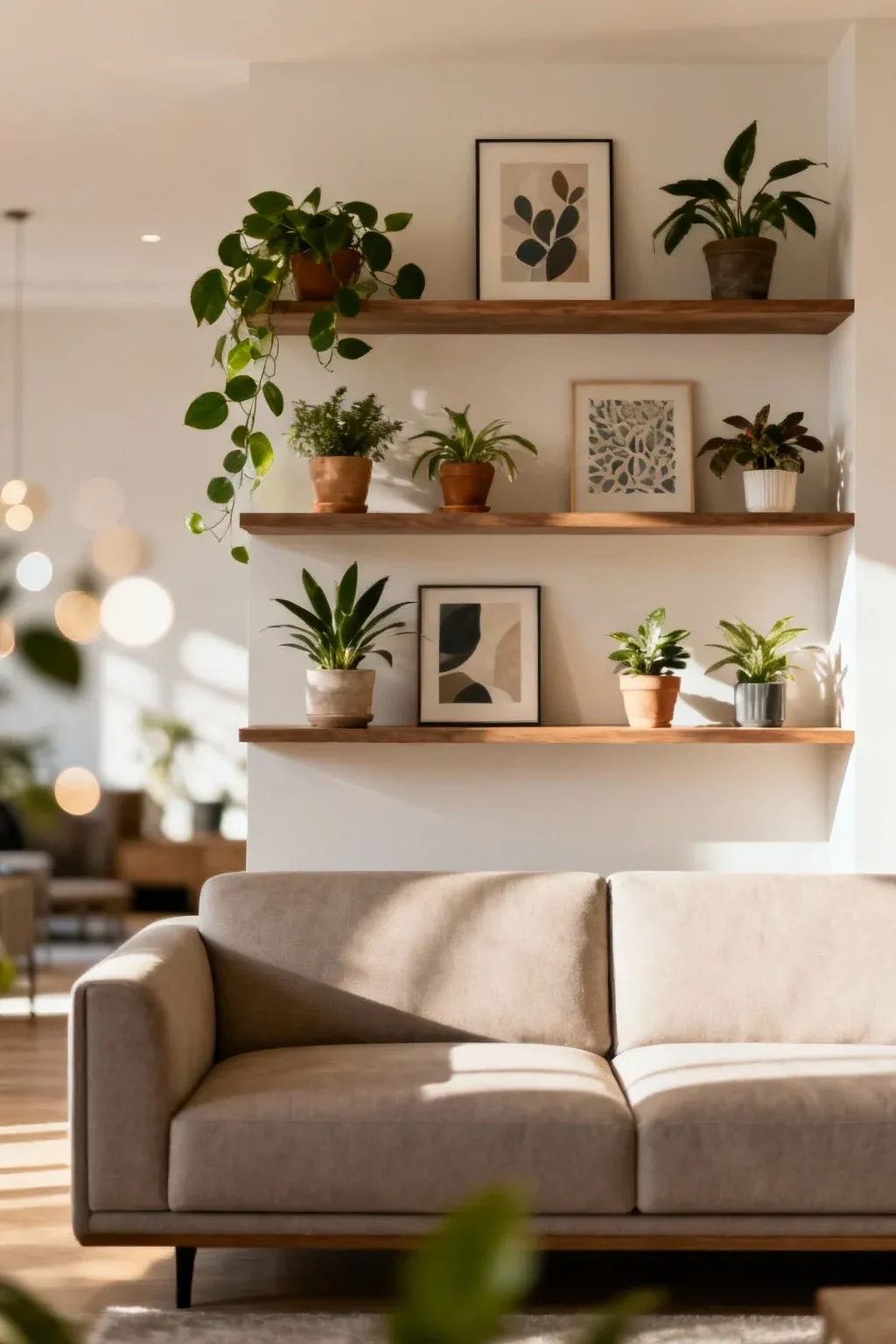 Floating shelves behind a sofa showcasing plants and art in a stylish arrangement.