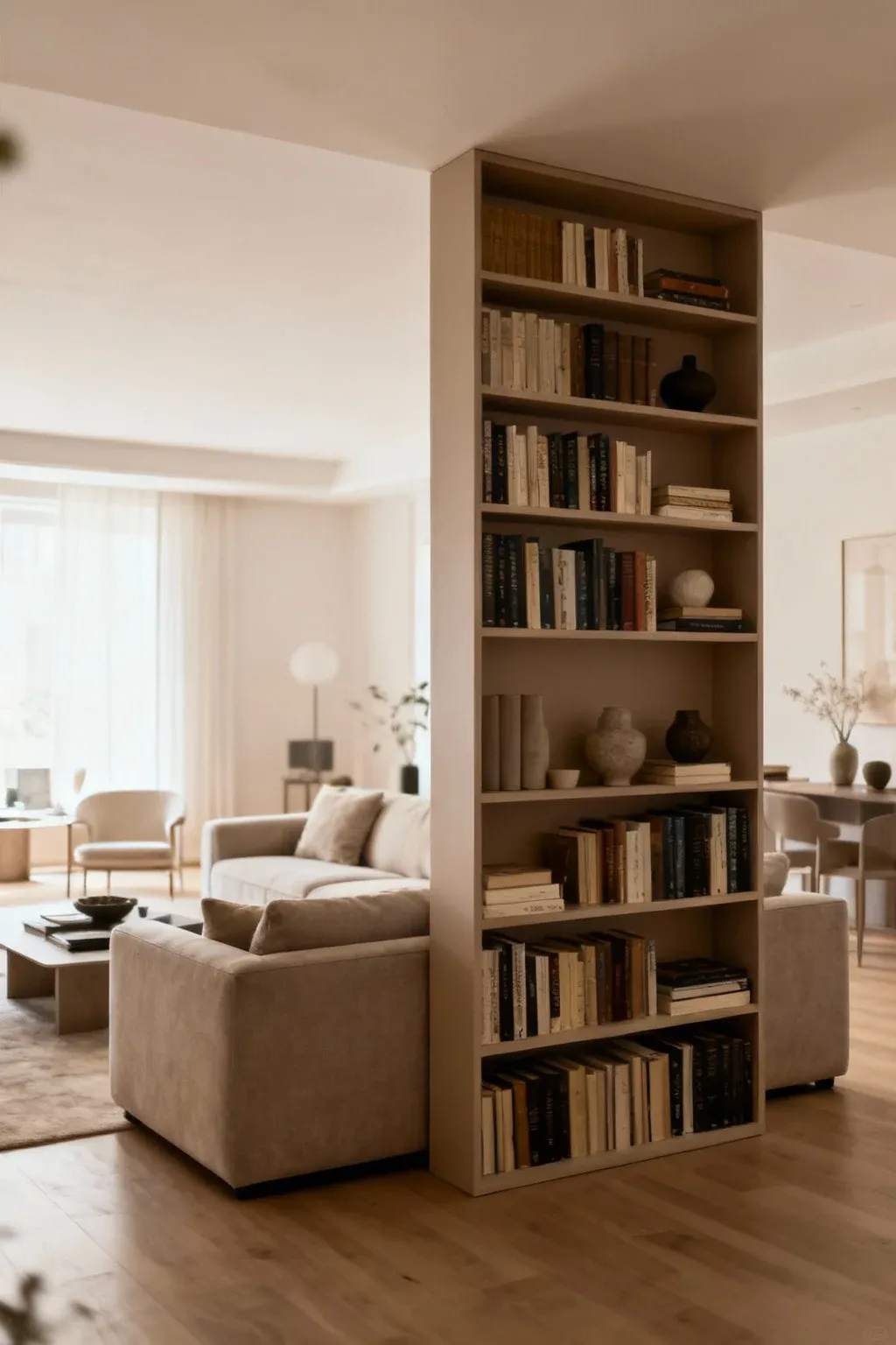 A tall bookcase behind a couch, serving as a room divider in a stylish living area.