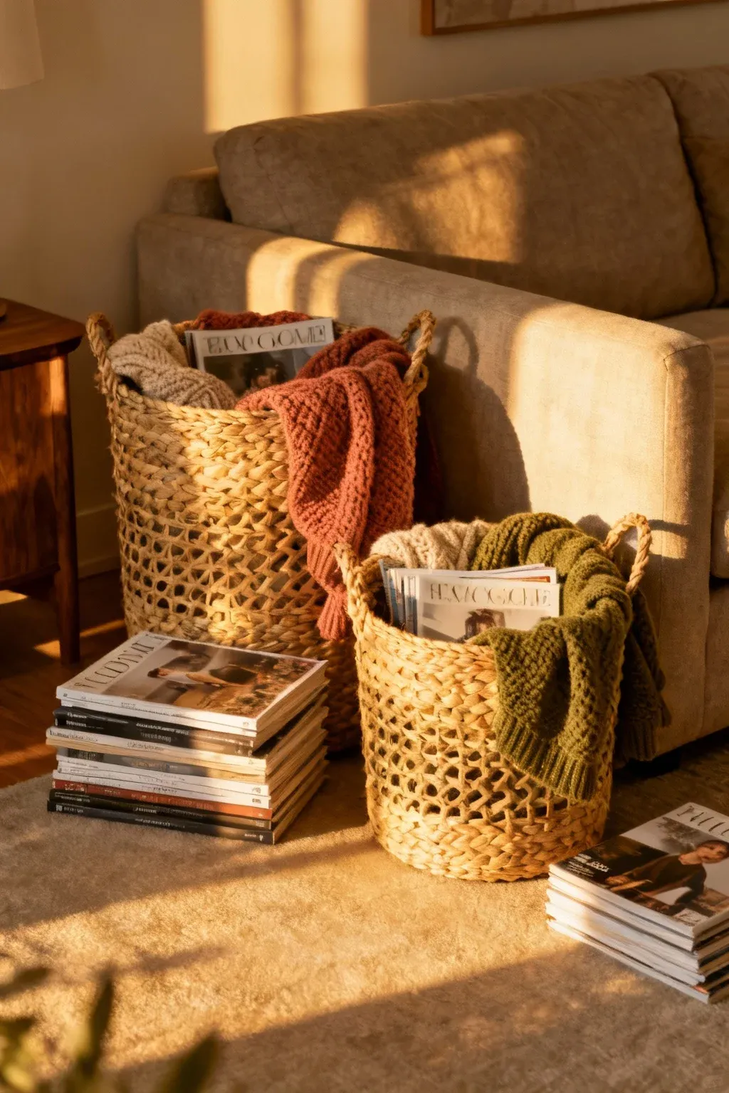 Stylish baskets behind a couch, providing organized storage for blankets and magazines.
