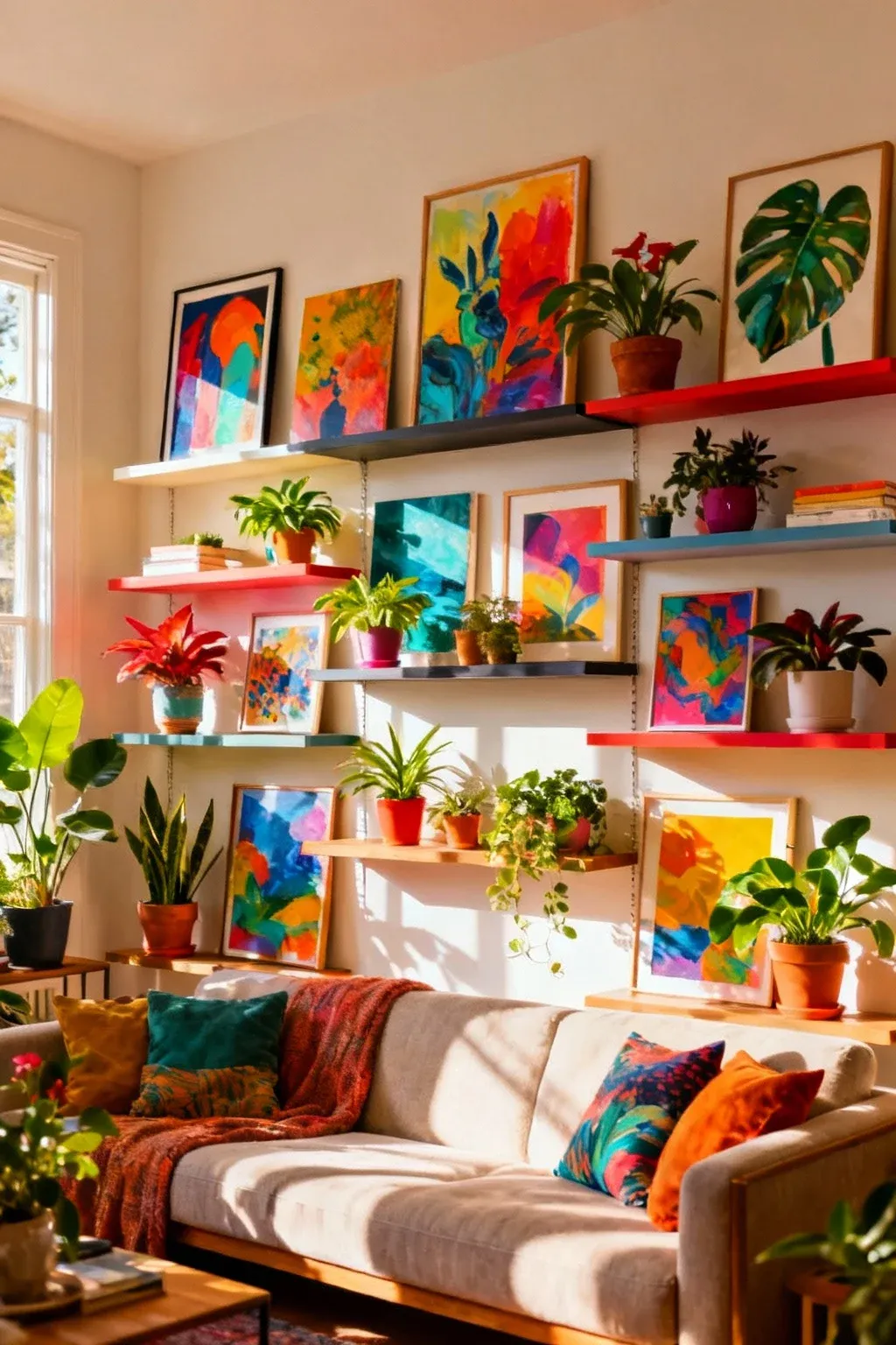 Shelves behind a couch displaying plants and art, adding color and life to the space.