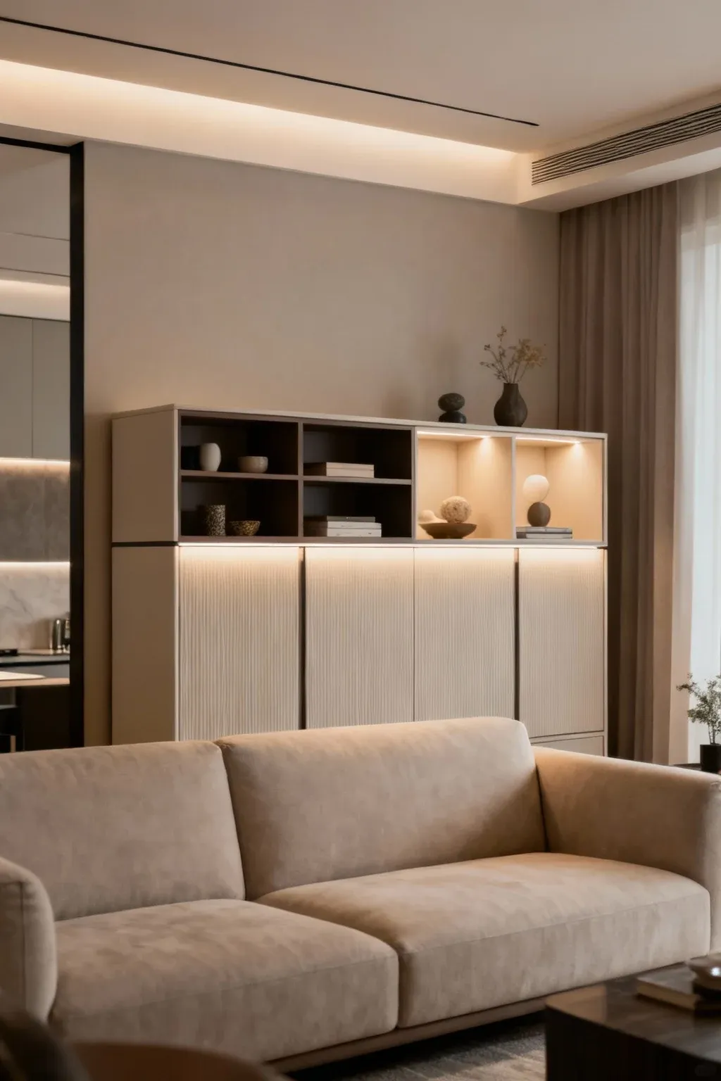 A stylish cabinet behind a sofa providing extra storage and enhancing room decor.