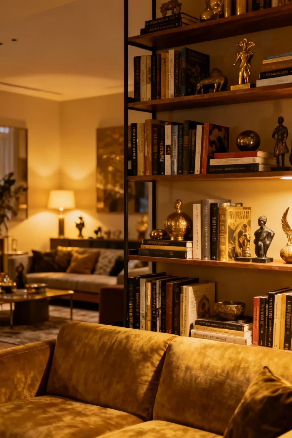 Bookshelves behind a couch displaying a collection of books and collectibles in a cozy setting.