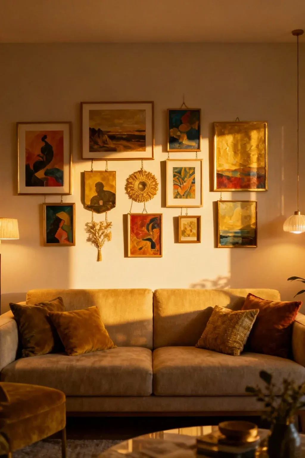 Hanging wall art behind a couch, transforming the space into a vibrant gallery.