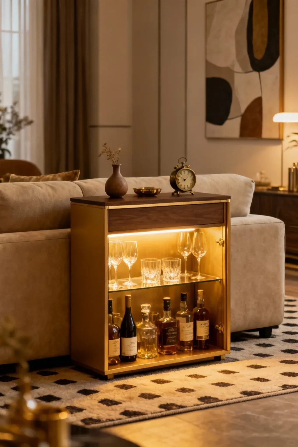 A mini bar cabinet behind a sofa, elegantly stocked and enhancing the living room decor.