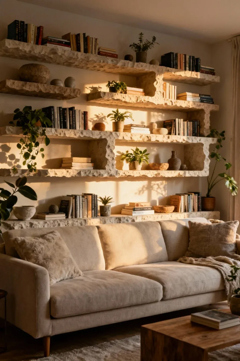 Layered shelves behind a sofa displaying a mix of books and plants in a textured arrangement.