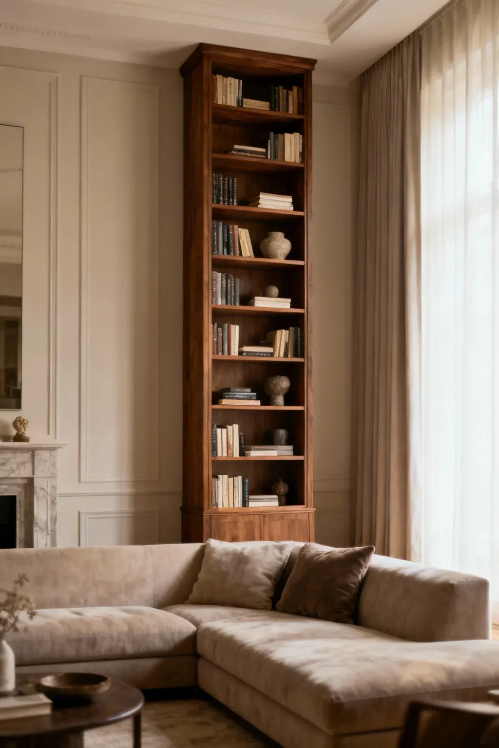 A tall bookcase behind a couch, adding vertical interest and elegance to the living area.