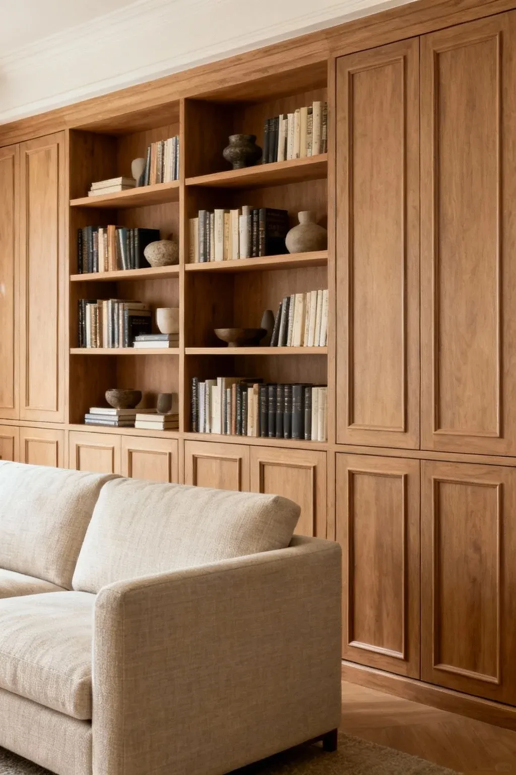 A multifunctional bookcase behind a sofa, blending storage and decorative display in a stylish setting.