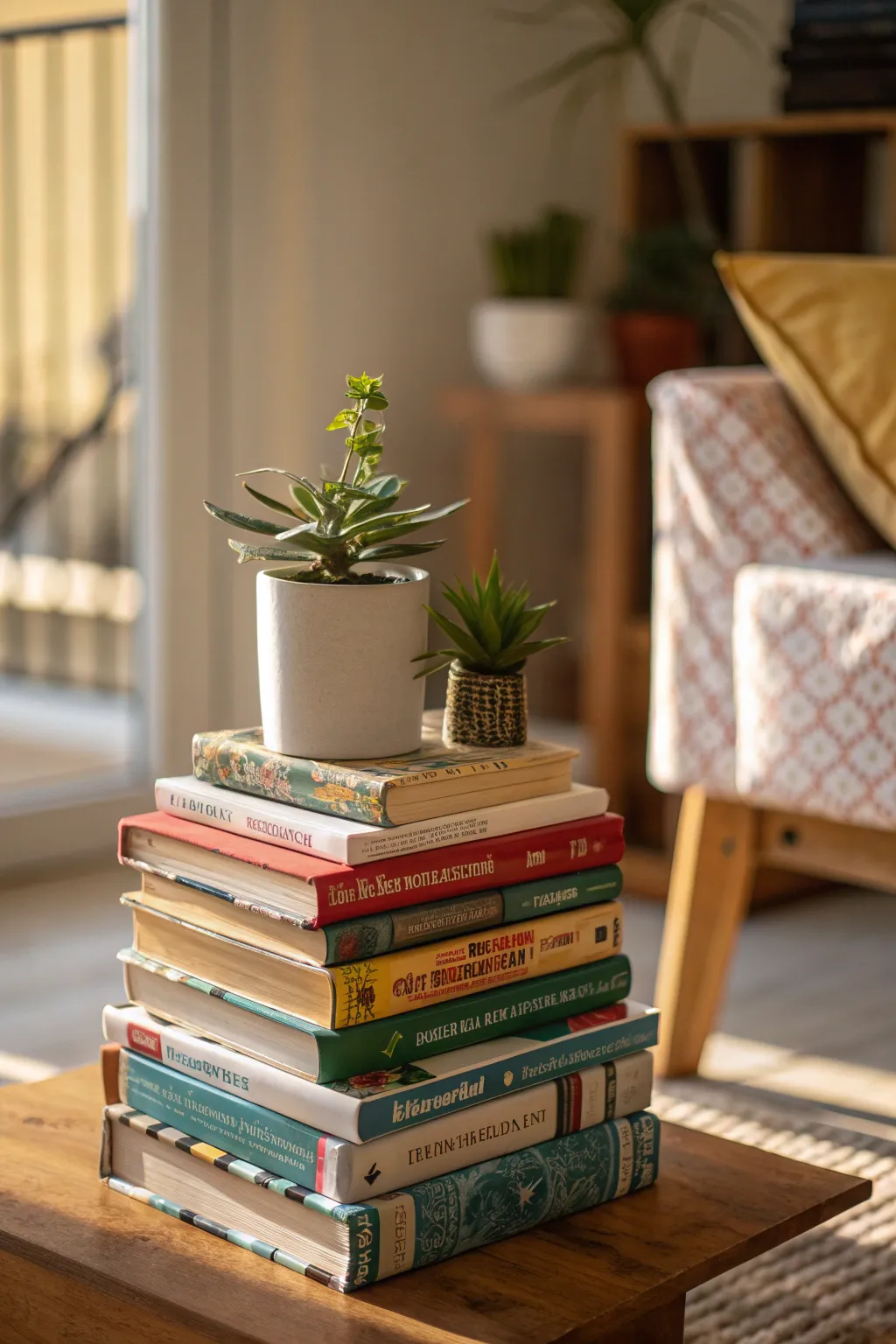 A mini shelf displaying layered books and a small plant in a cozy living room.