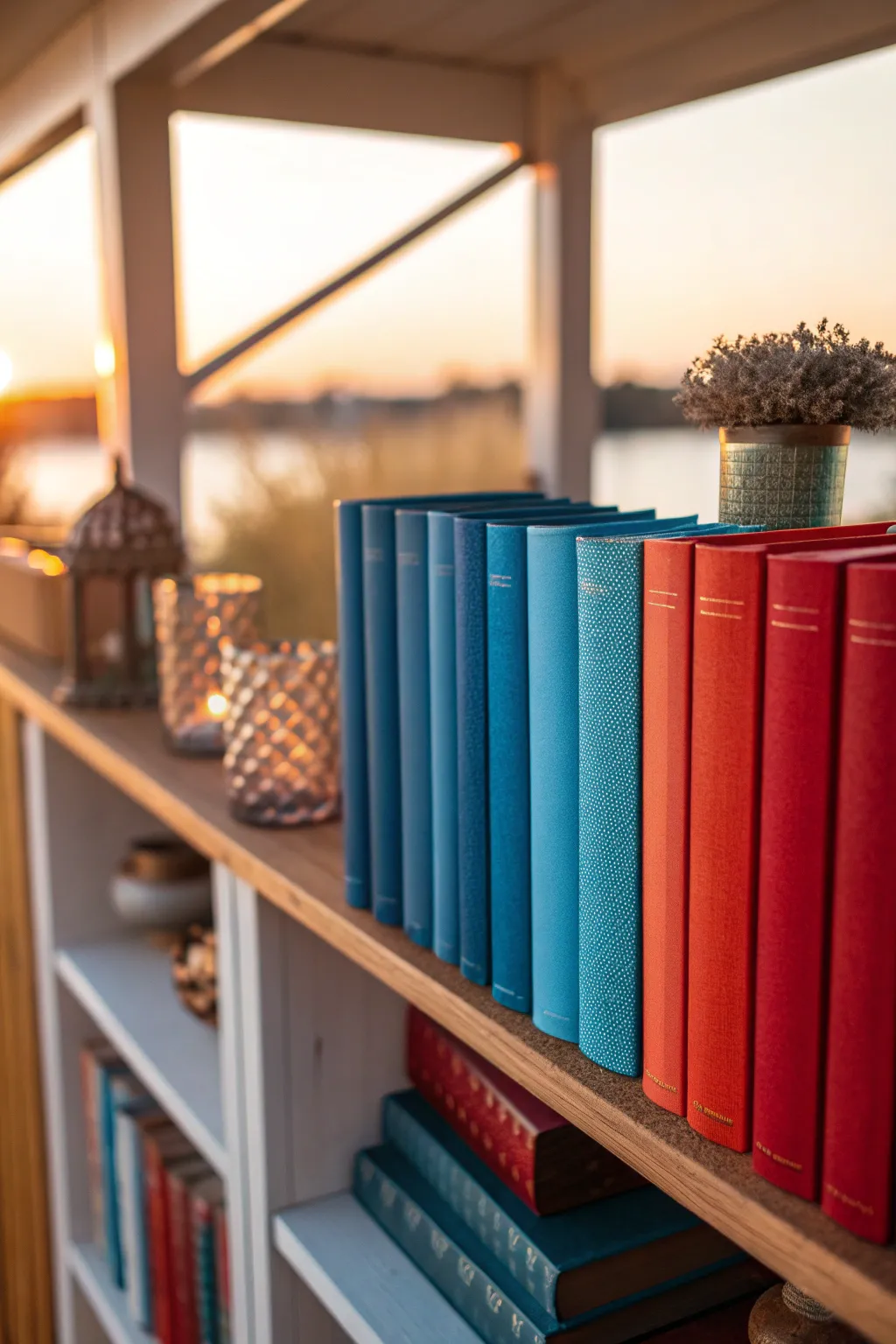A vibrant bookshelf organized by color gradient with decorative items.