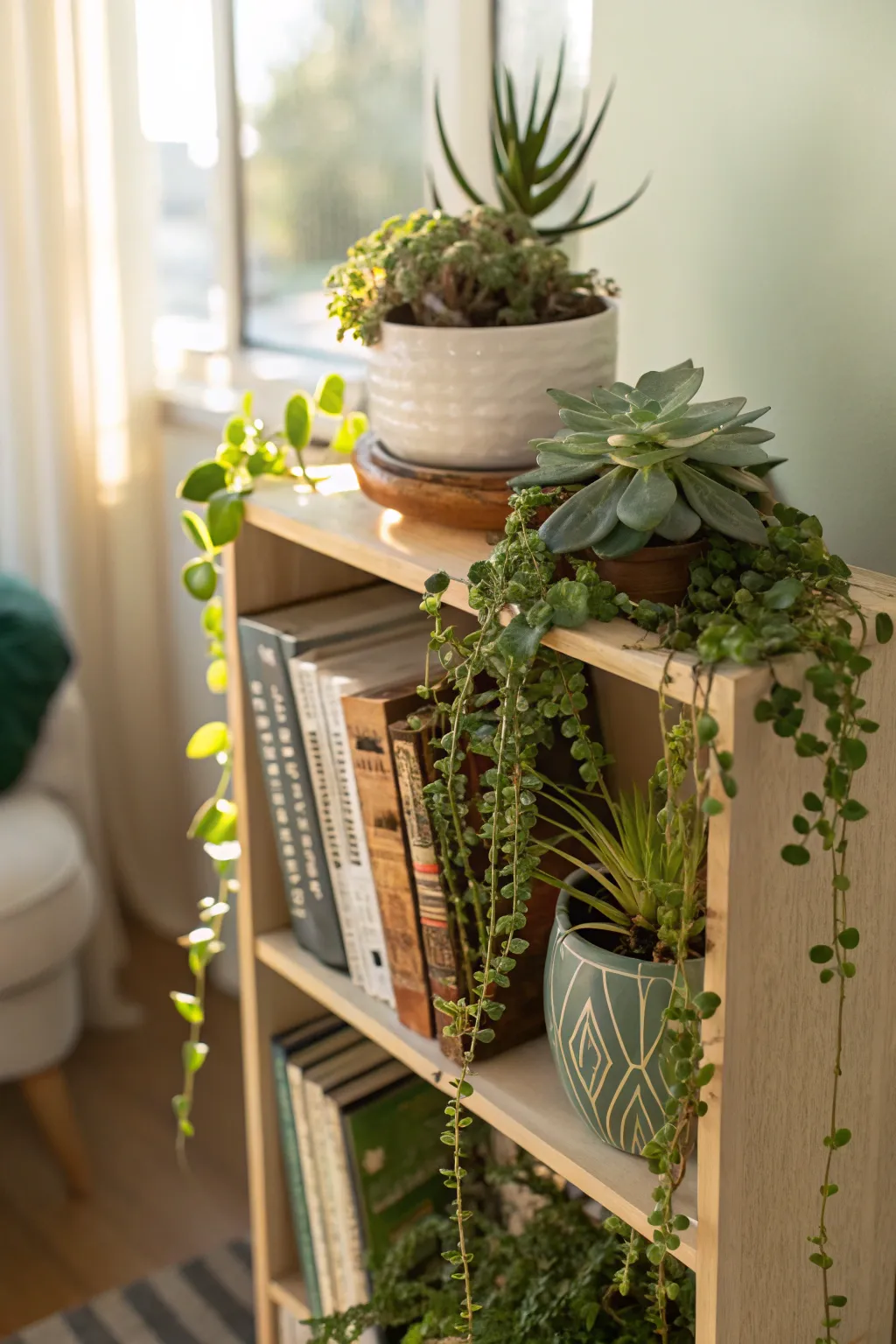 A small bookshelf with succulents and trailing vines beside colorful books.