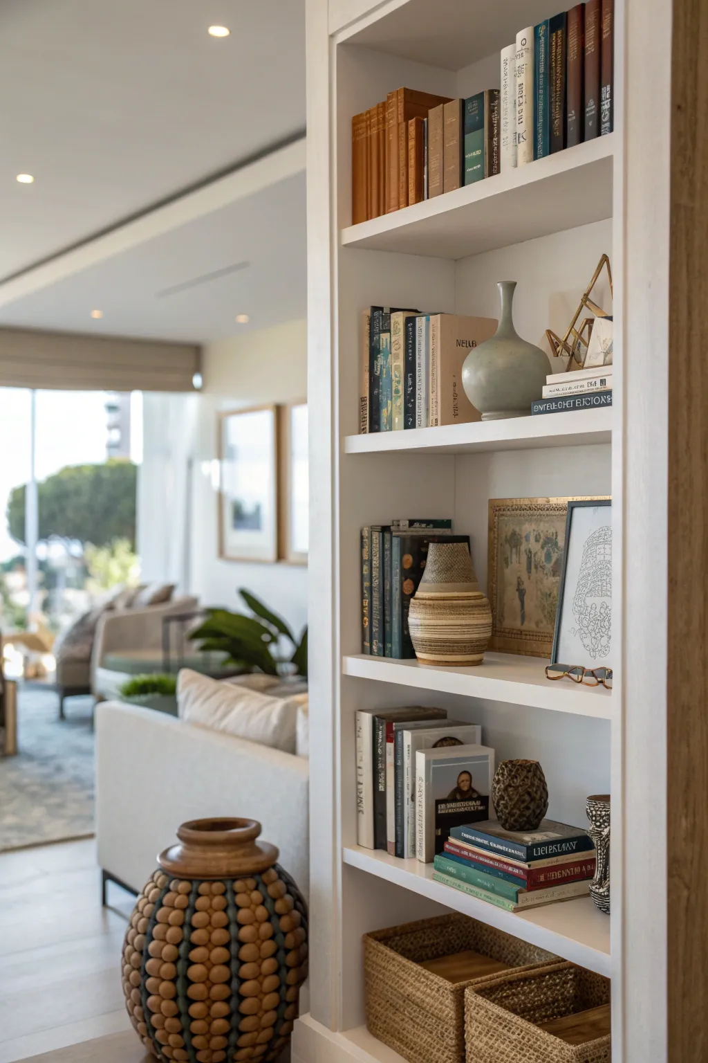 Open shelves showcasing books and art pieces in a cozy living space.