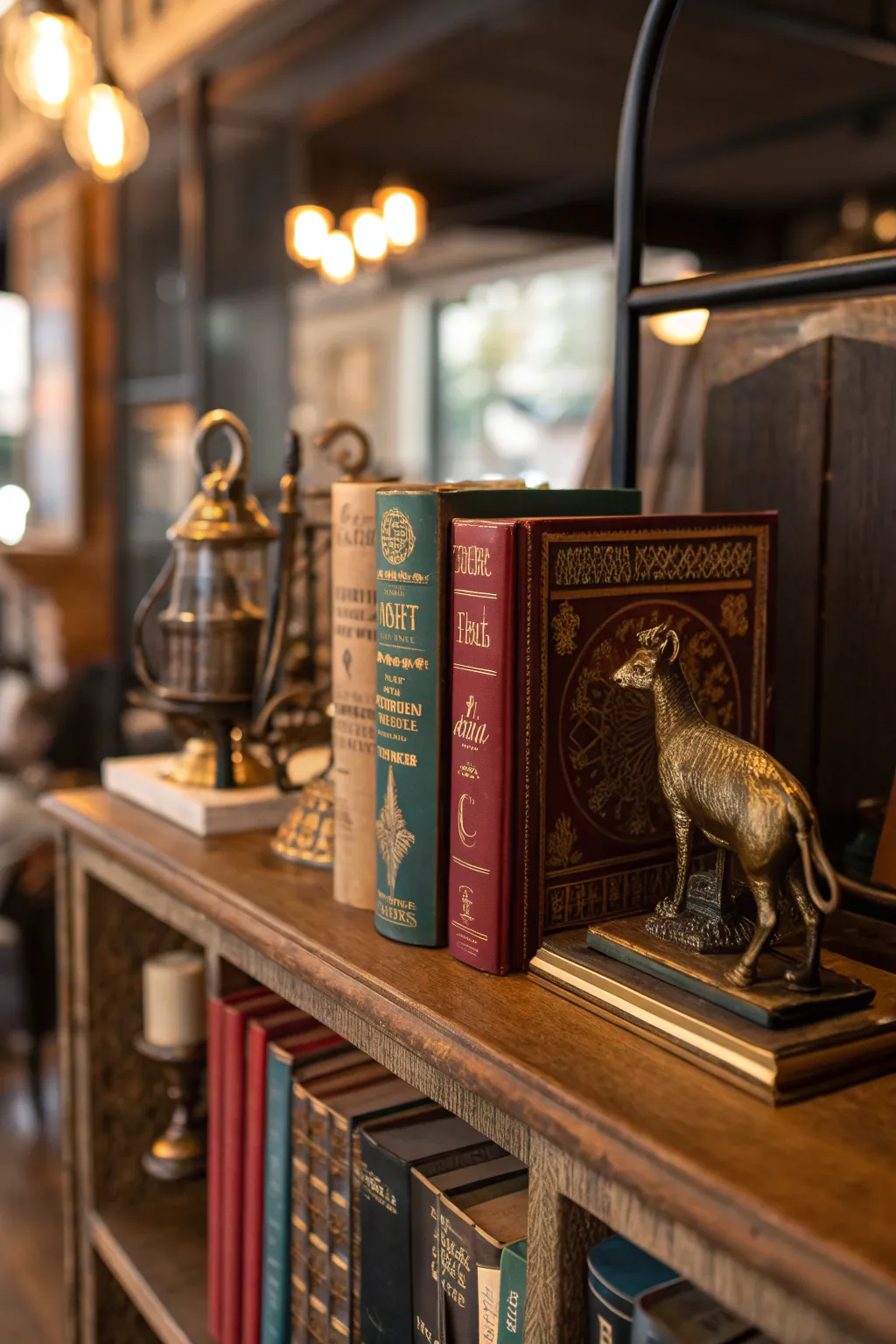 A bookshelf combining vintage items and modern books with warm lighting.