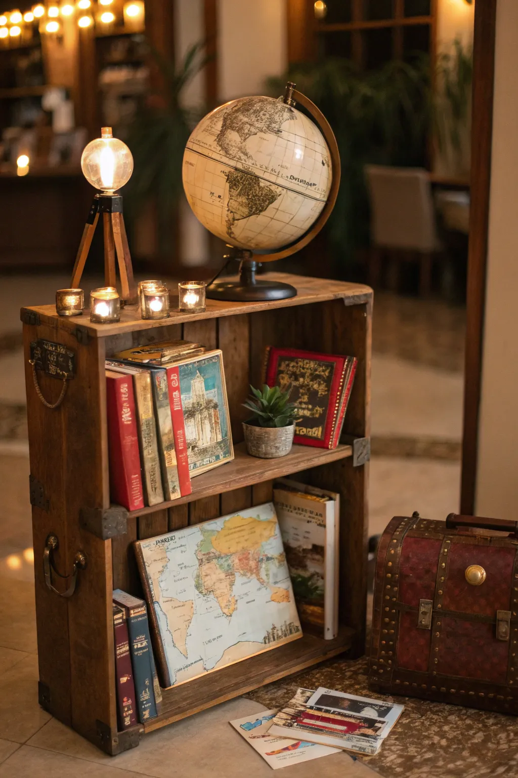A themed bookshelf with travel books and a globe in soft natural light.