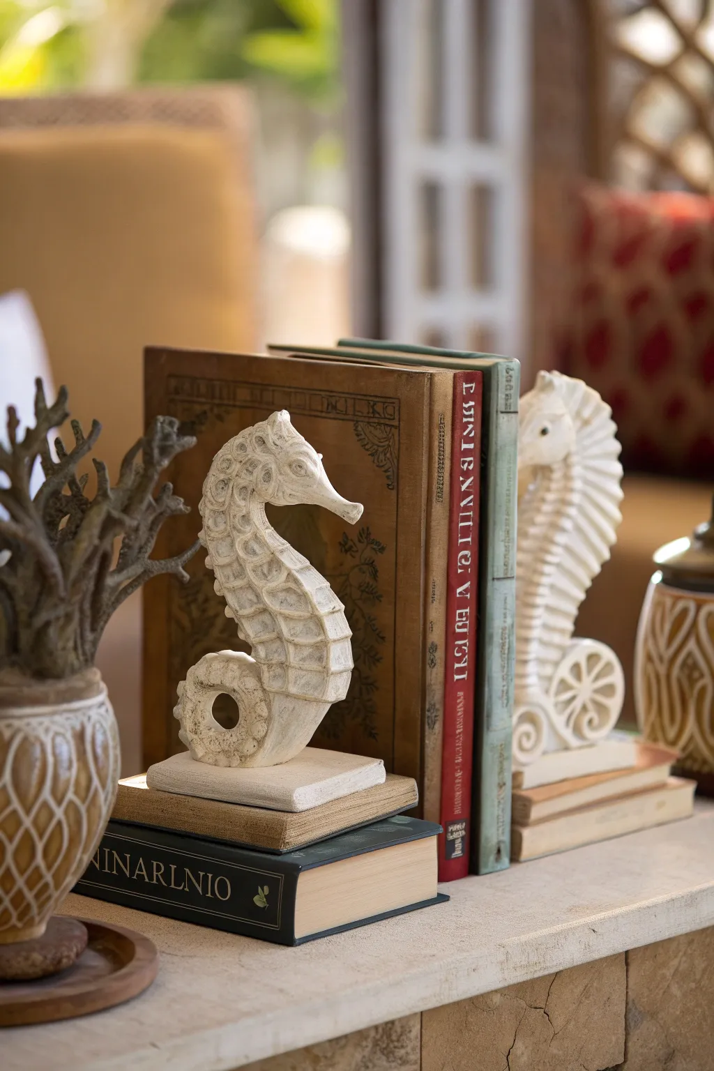Unique bookends supporting books on a small shelf in a cozy interior.