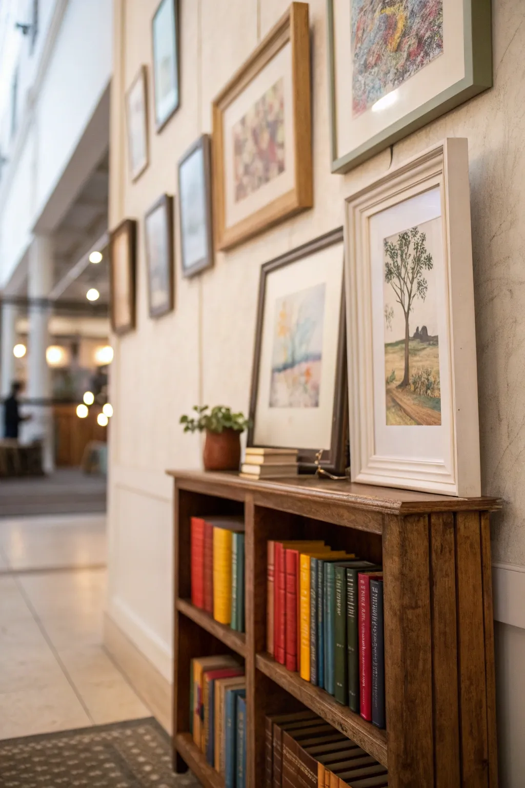 Framed art above a small bookshelf creating a focal point in the room.