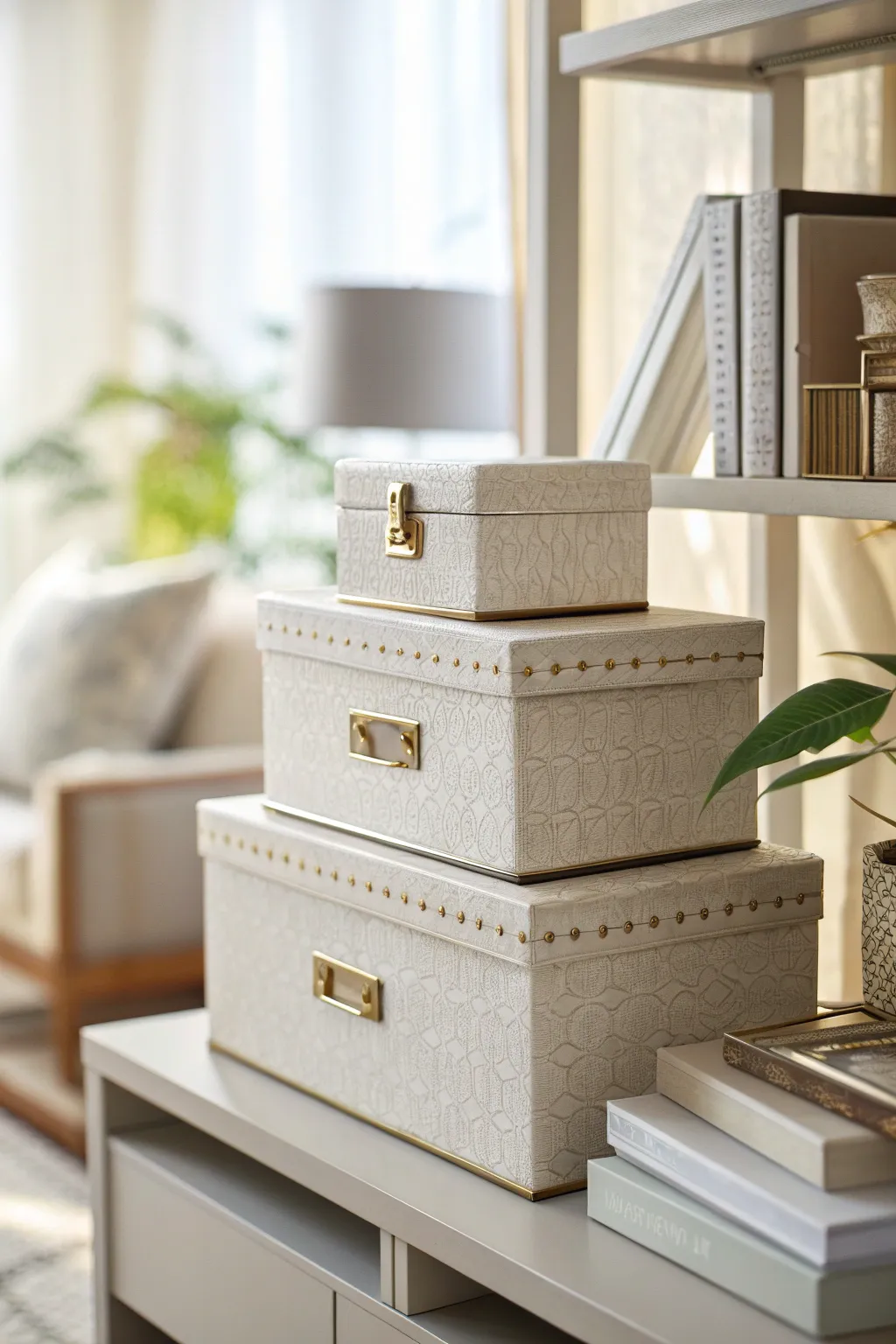 Decorative boxes on a small bookshelf, adding style and organization.