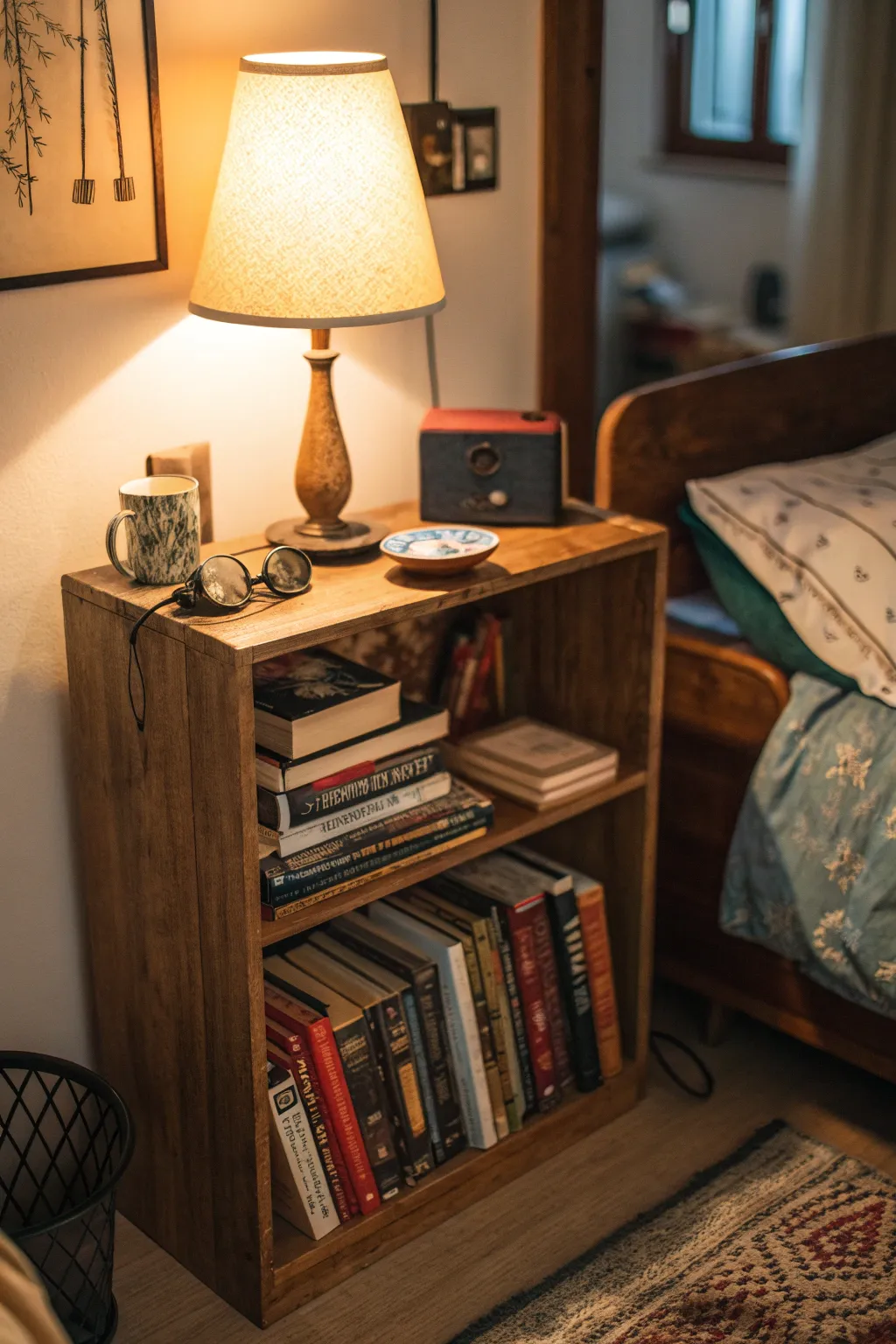 A small bookshelf as a nightstand with books and a lamp in warm light.