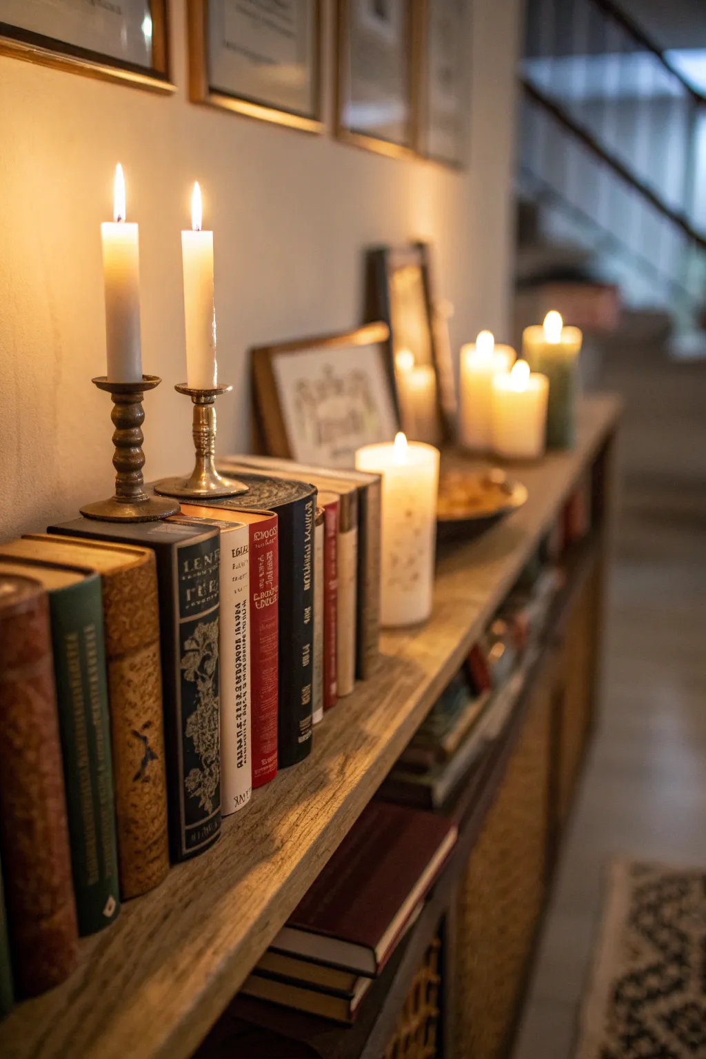 Books and candles on a bookshelf creating a cozy atmosphere.