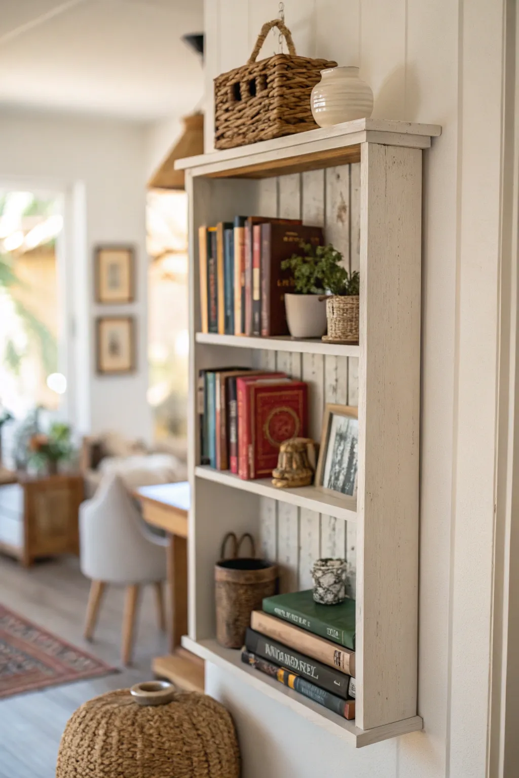 A small wall-mounted bookshelf displaying books and decor items.