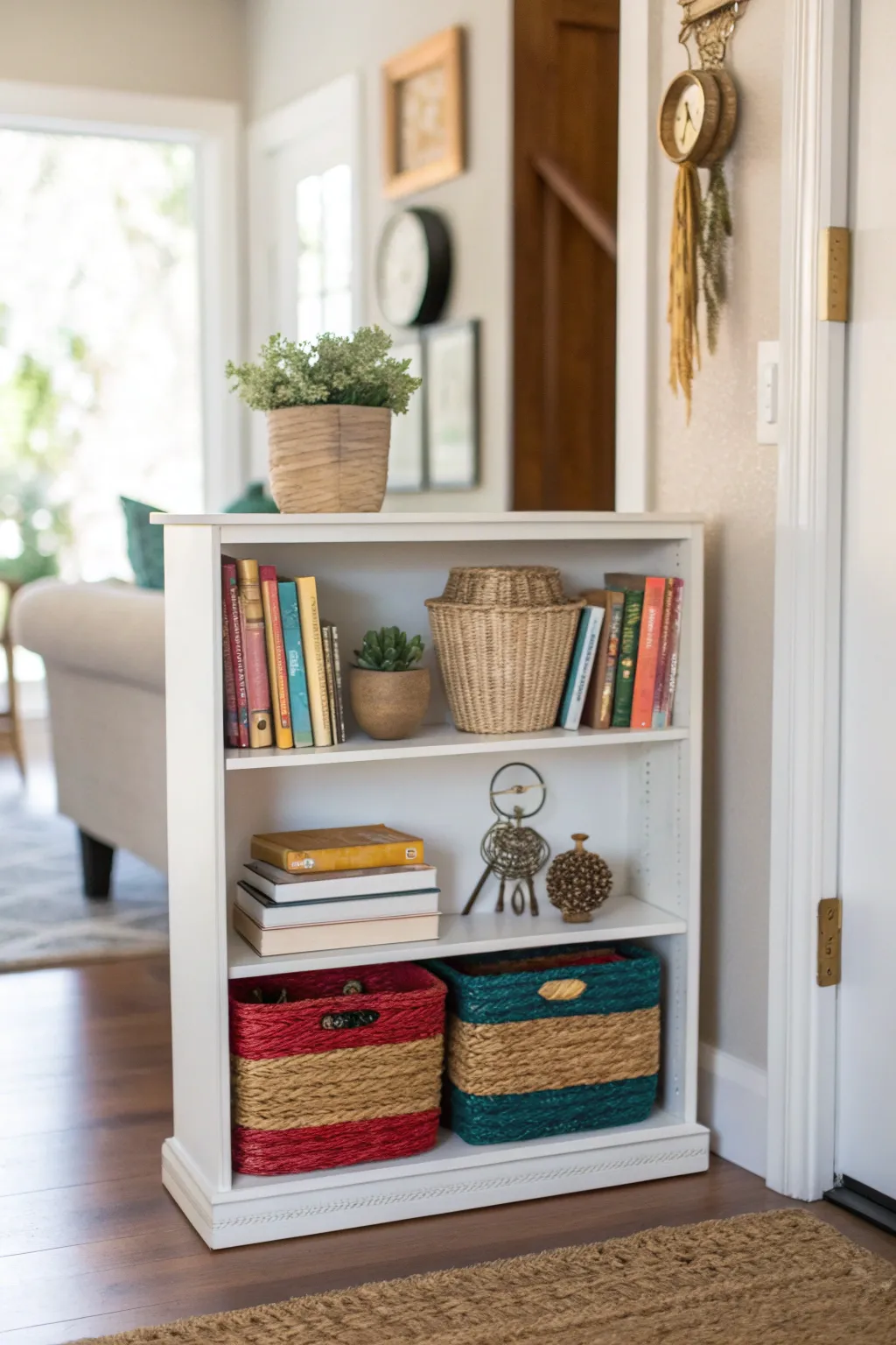 A short bookshelf in an entryway with books and decorative items.