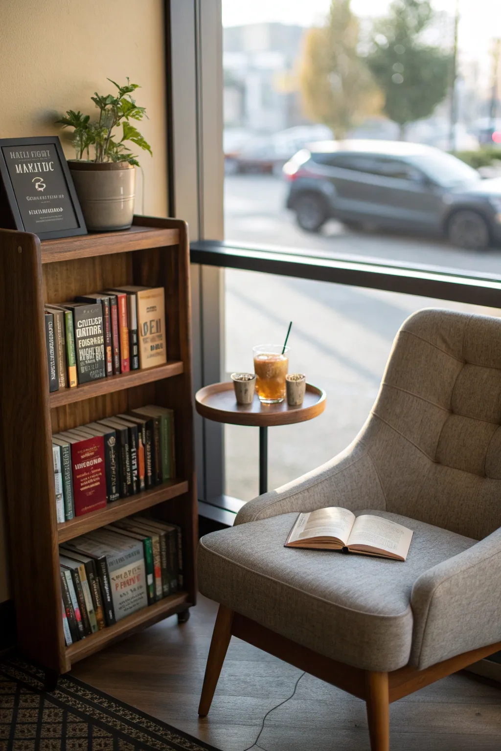 A reading nook with a mini bookshelf and comfortable chair in soft light.