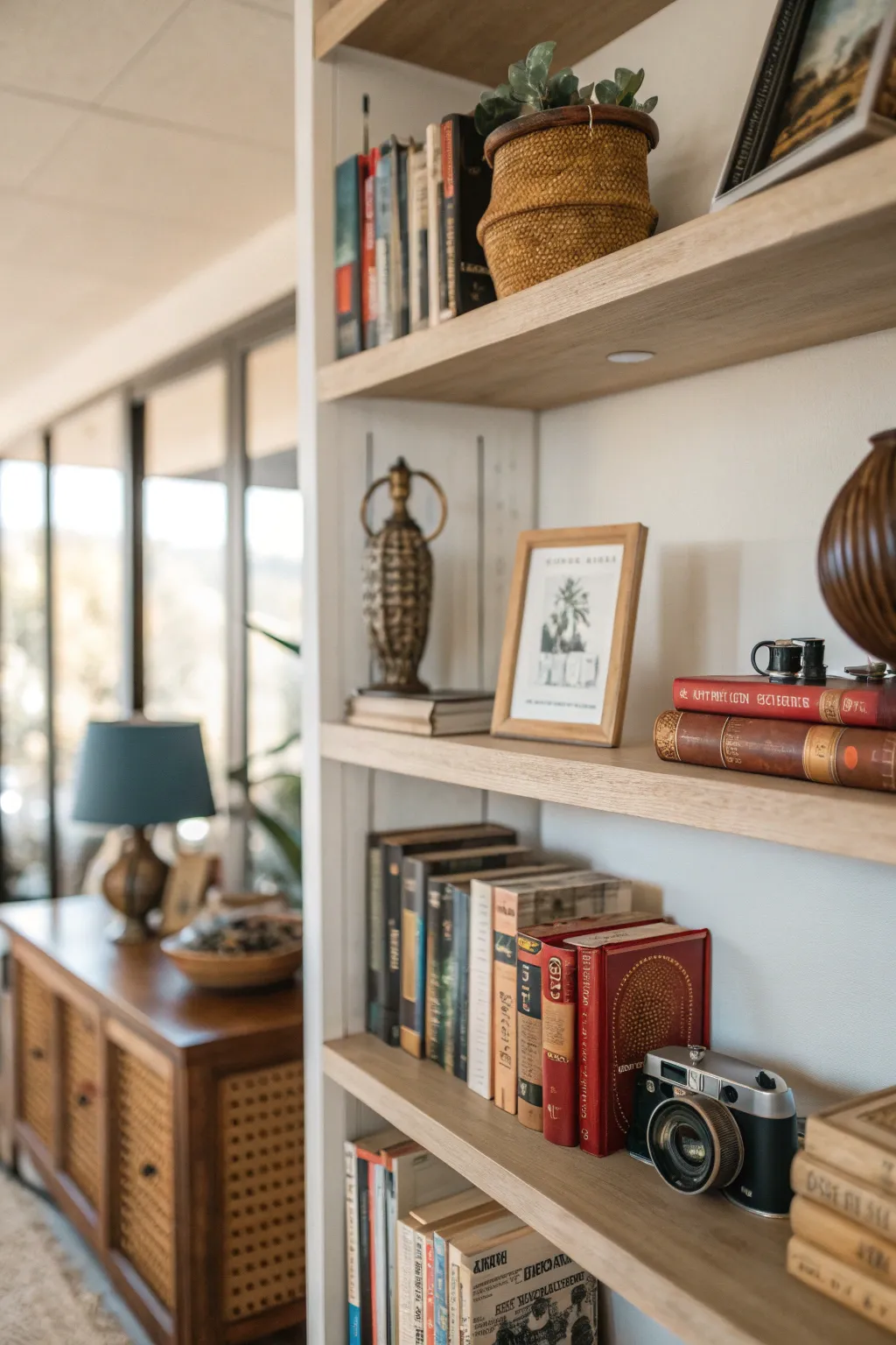 A bookshelf with collectibles and books arranged for visual interest.