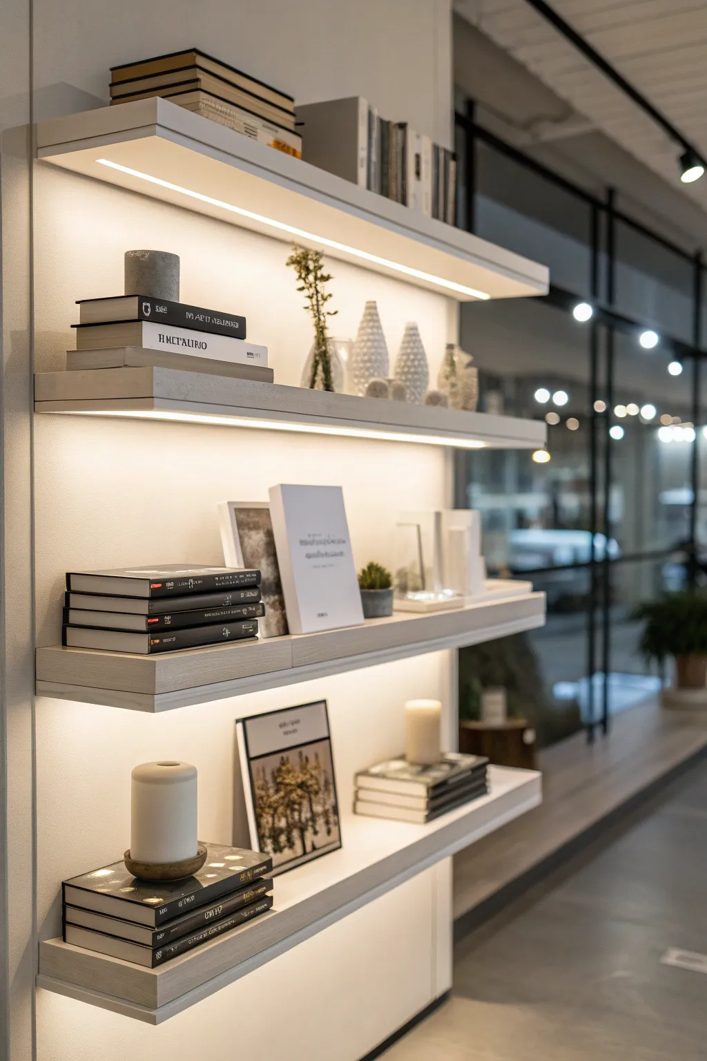 Floating shelves displaying books and decor in a minimalist style.