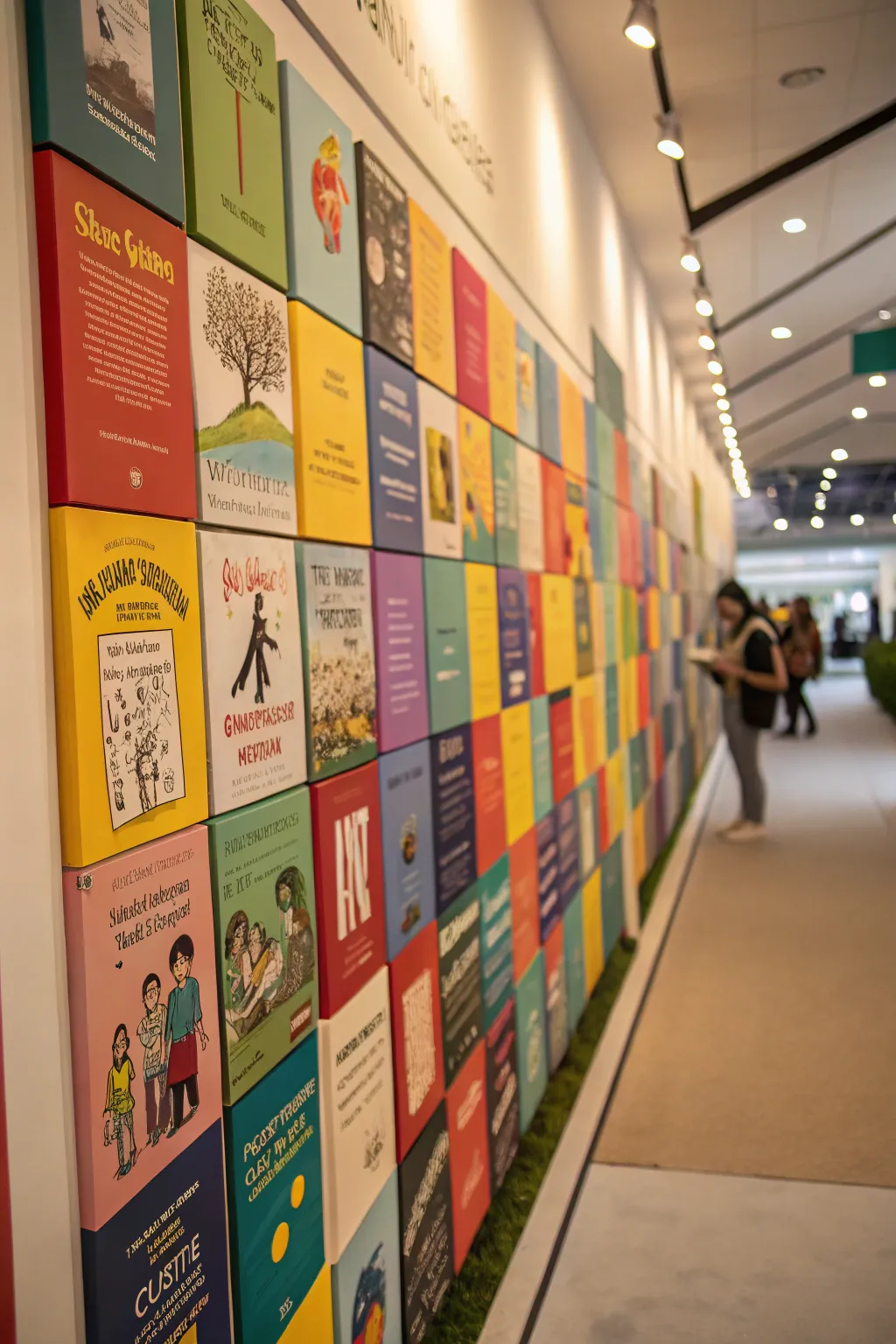 Colorful book covers arranged as wall art in a grid pattern.