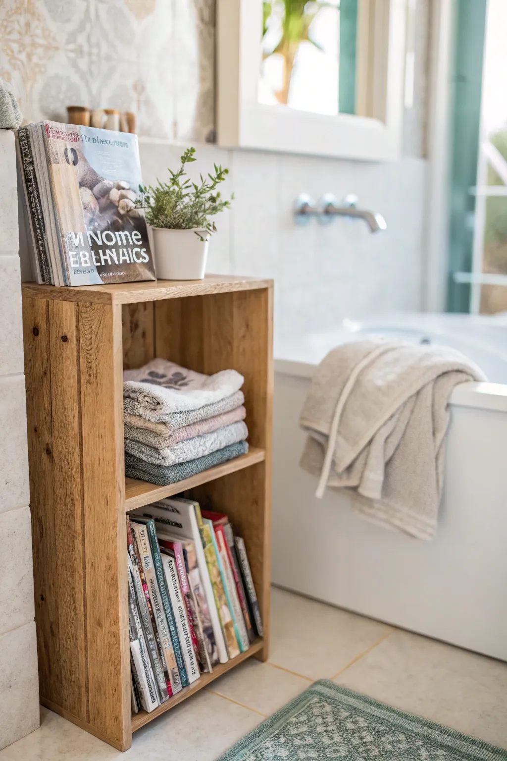 A small bookshelf in a bathroom with magazines and towels.