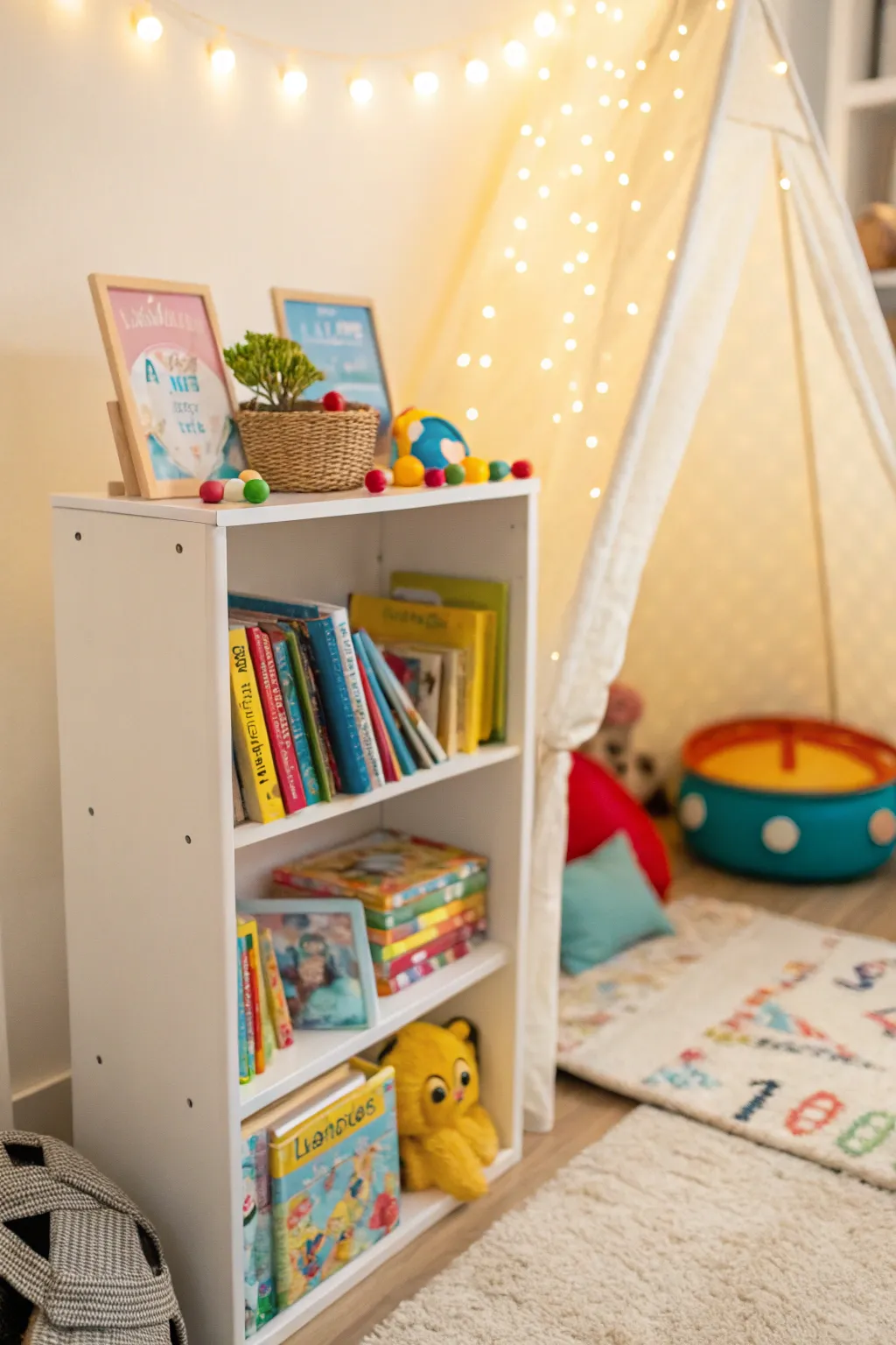 A mini bookshelf in a kid's room with colorful books and toys.