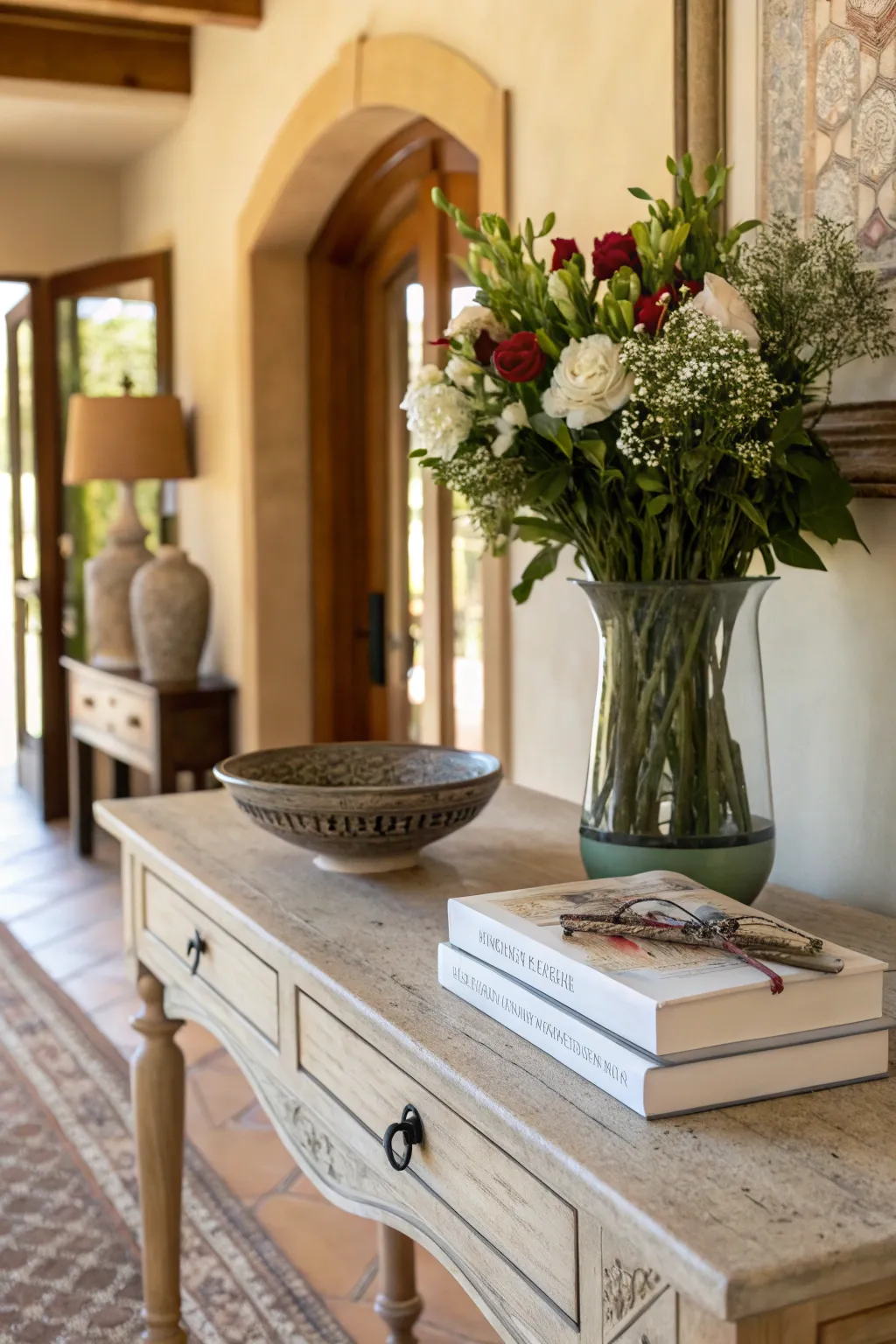 A stylish console table with flowers, books, and a bowl in a cozy entryway.