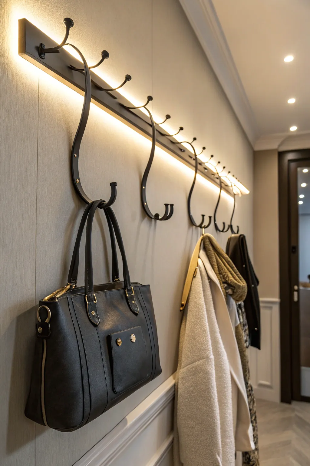 Wall-mounted hooks for coats and bags in a stylish entryway.