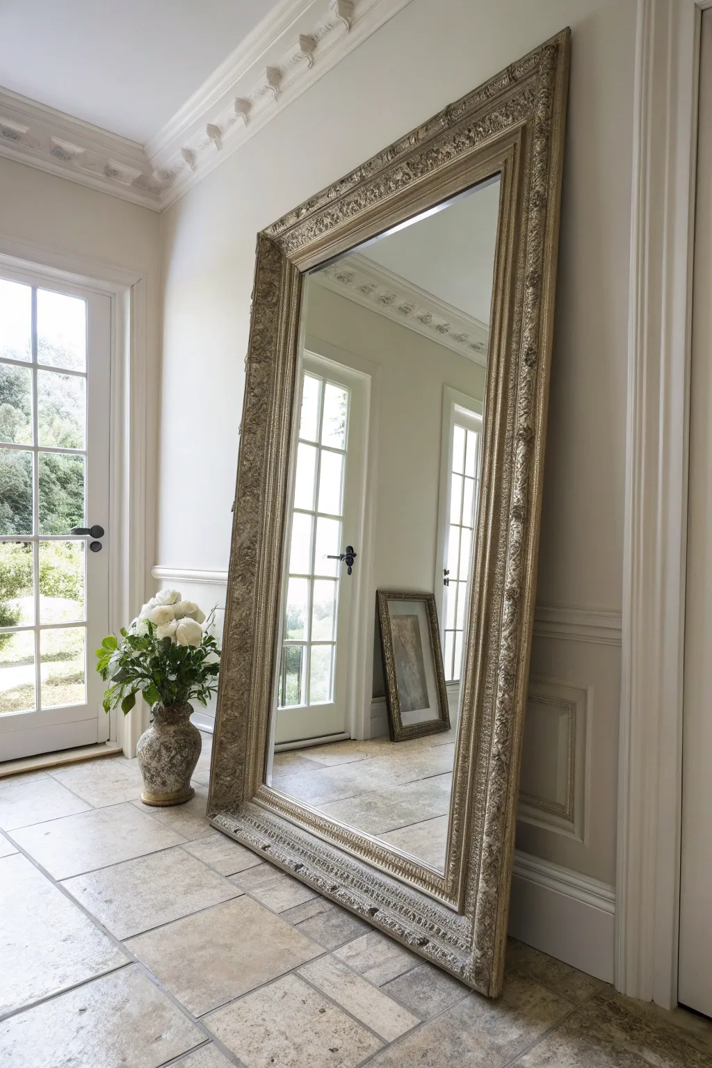 A large framed mirror reflecting light in a bright entryway.