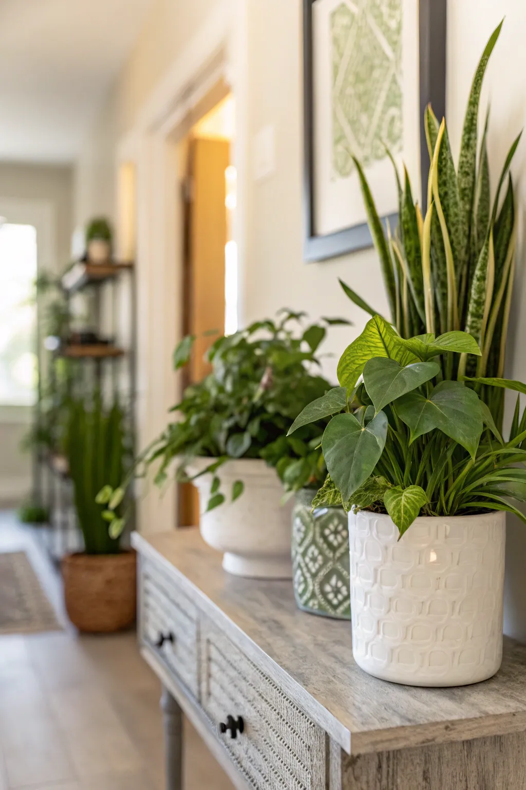 Potted plants arranged on a table in a bright entryway.