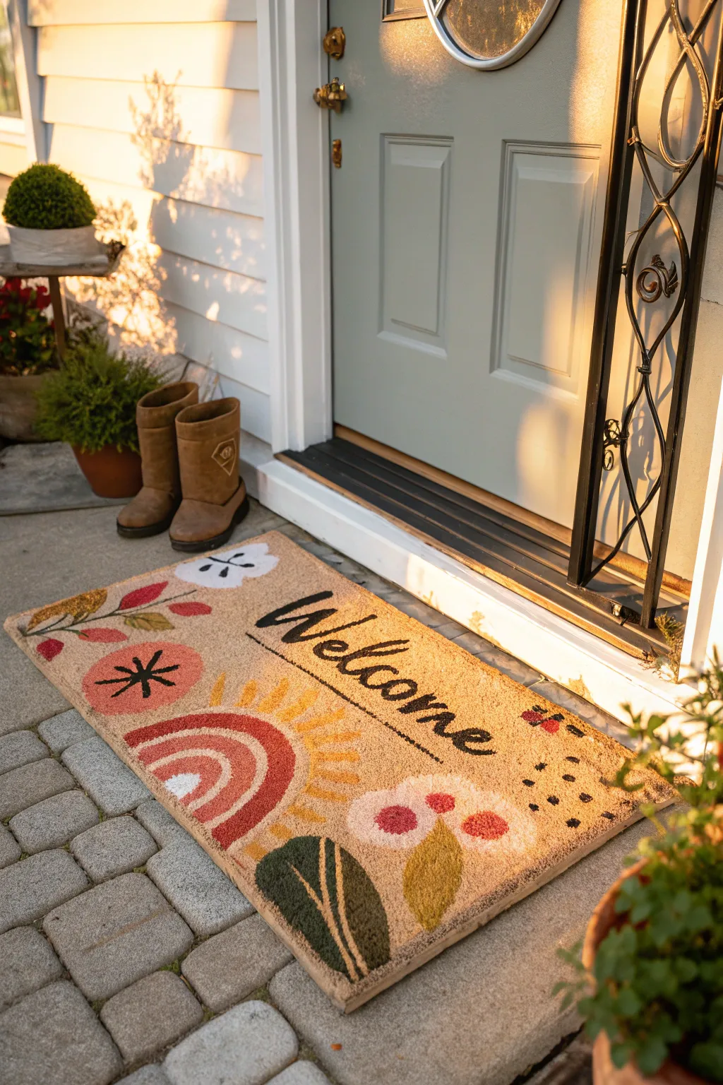 A personalized welcome mat at the entrance of a cozy home.