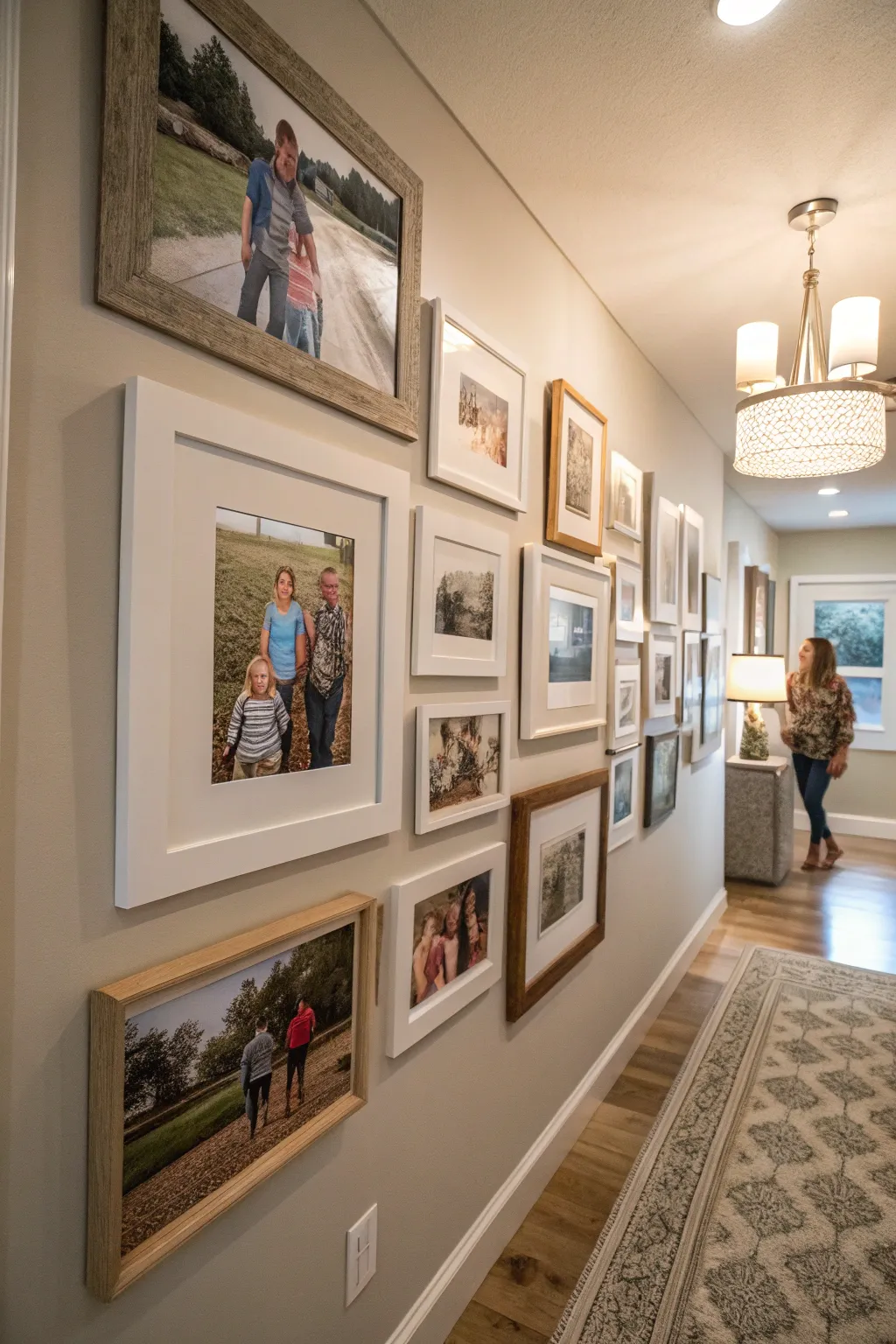 A gallery wall of family photos in an inviting entryway.