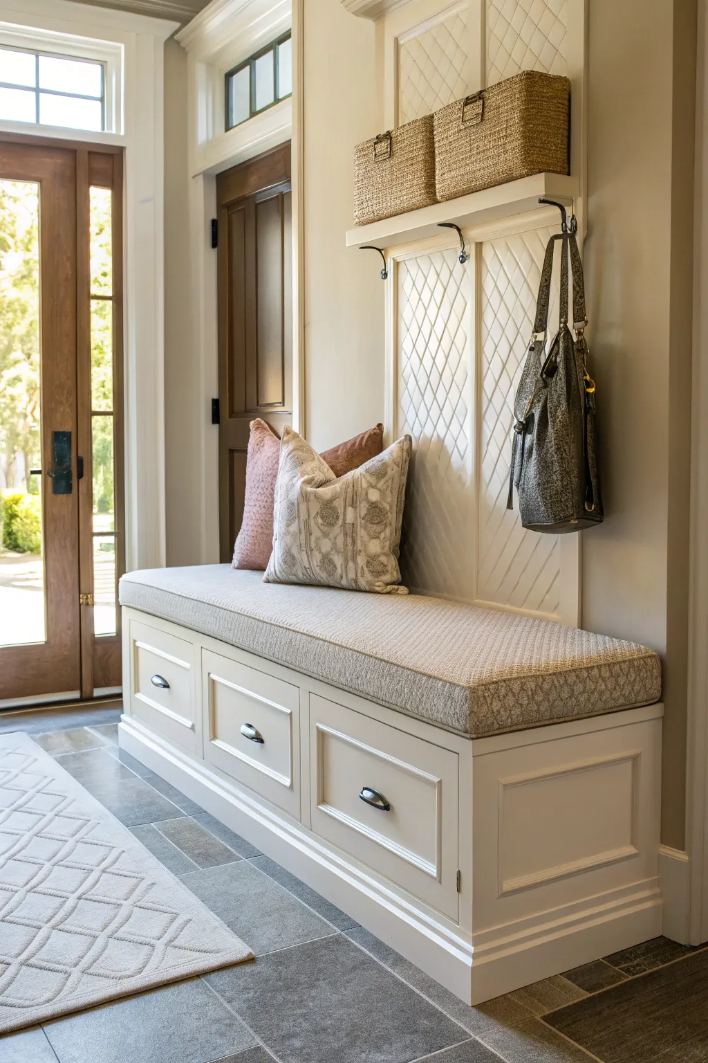 A stylish bench with storage in a bright entryway.