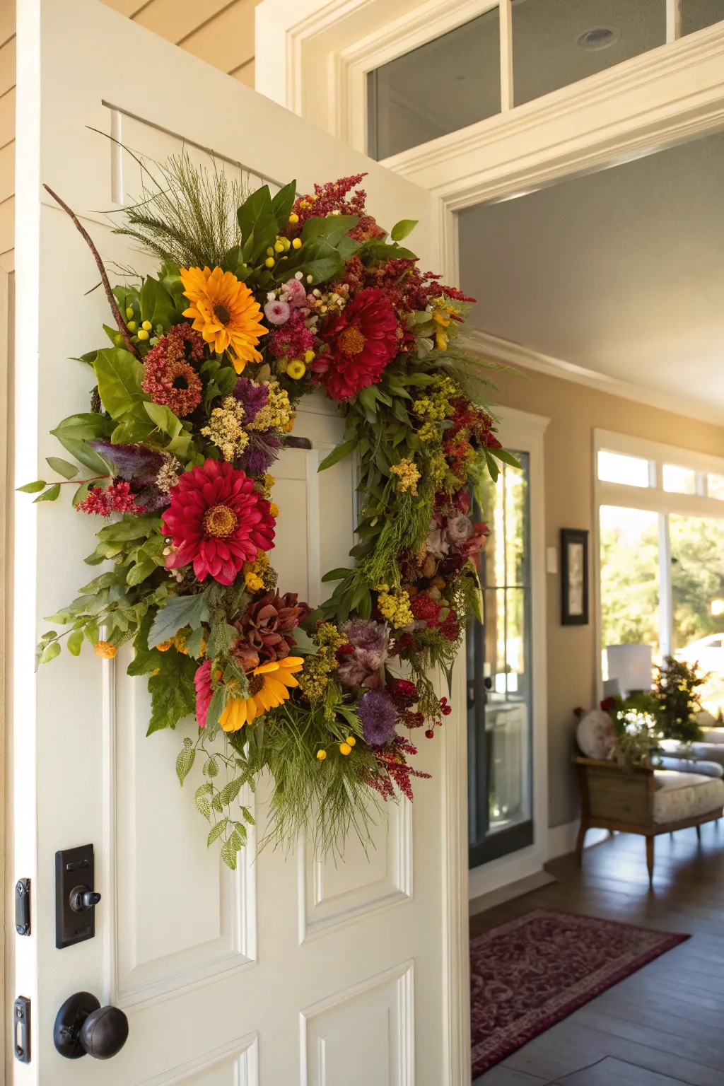 A seasonal wreath on a front door in a cozy entryway.