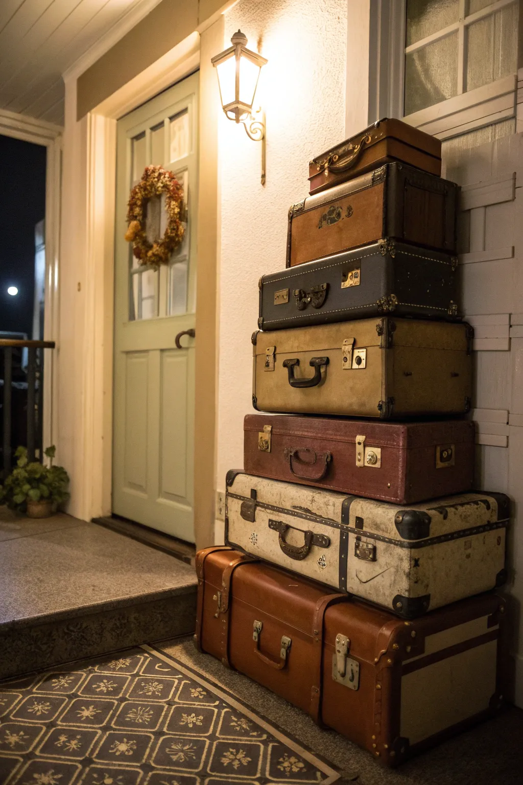 Stacked vintage suitcases adding charm to an entryway.