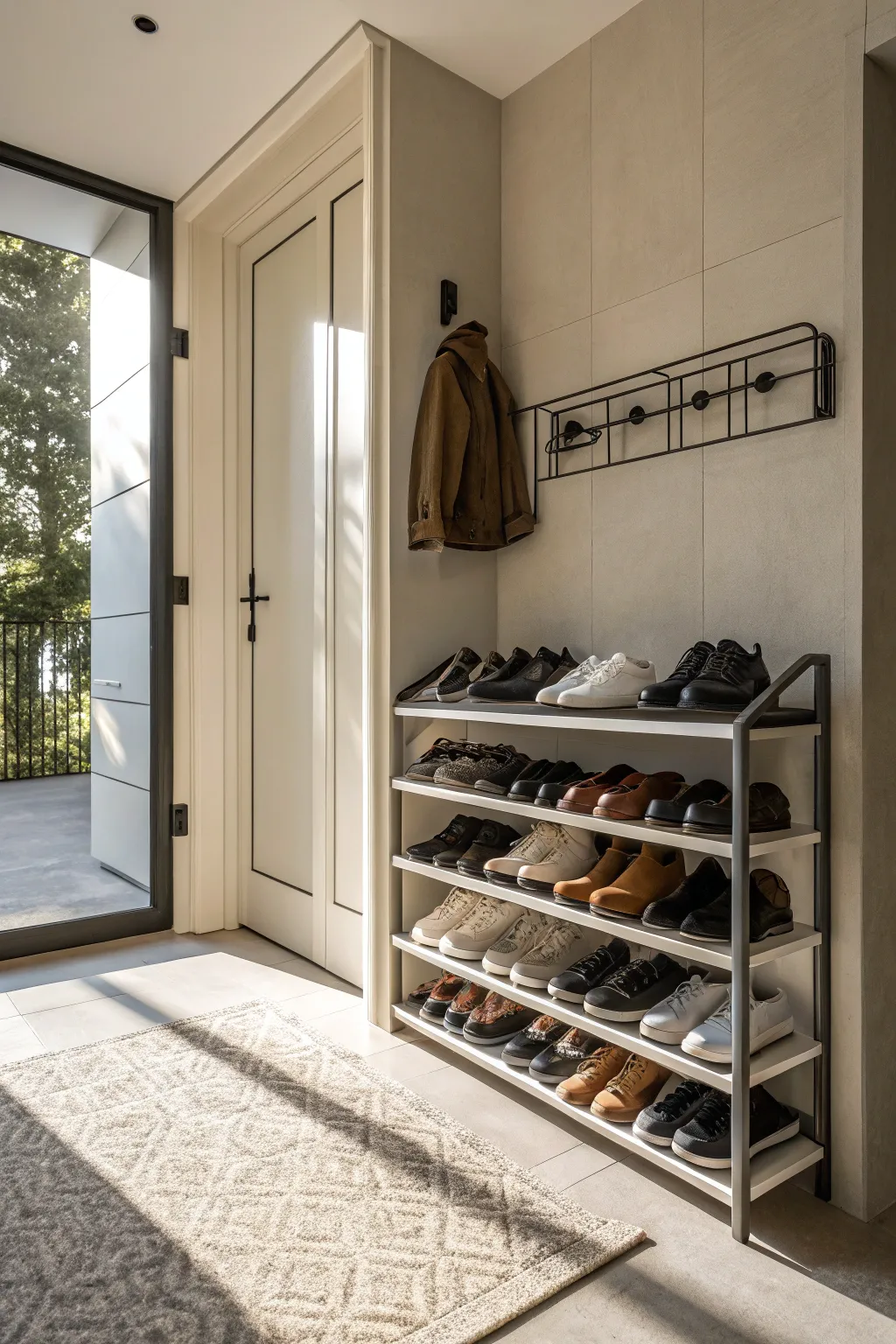 A sleek shoe rack keeping an entryway organized.