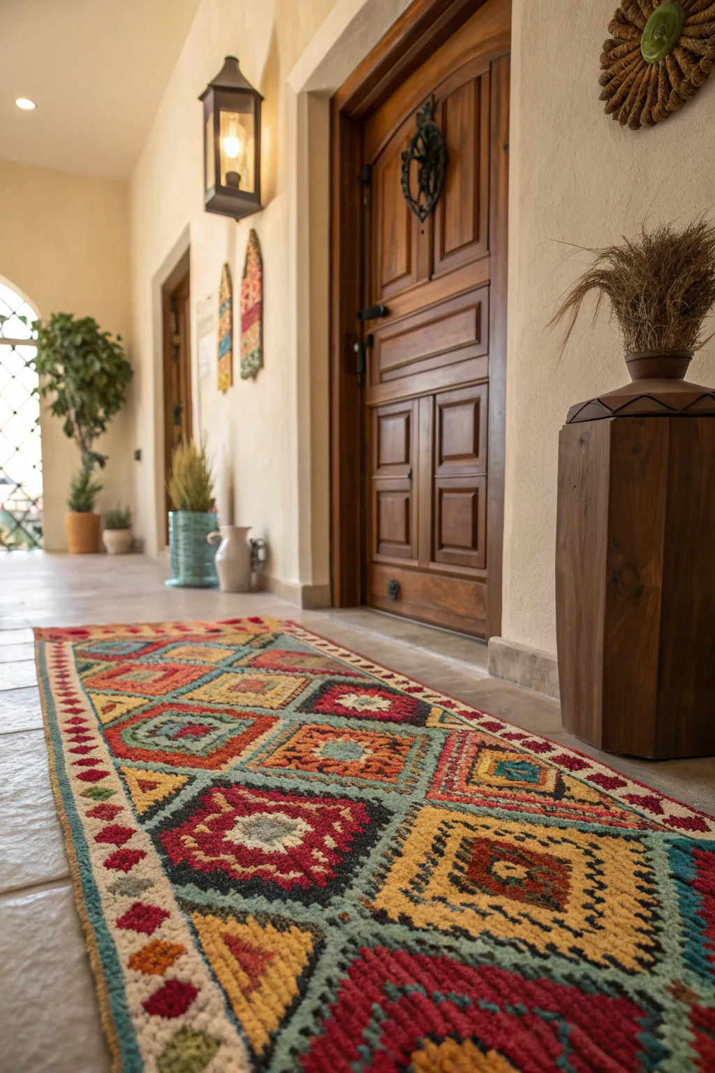 A colorful area rug adding warmth to an entryway.