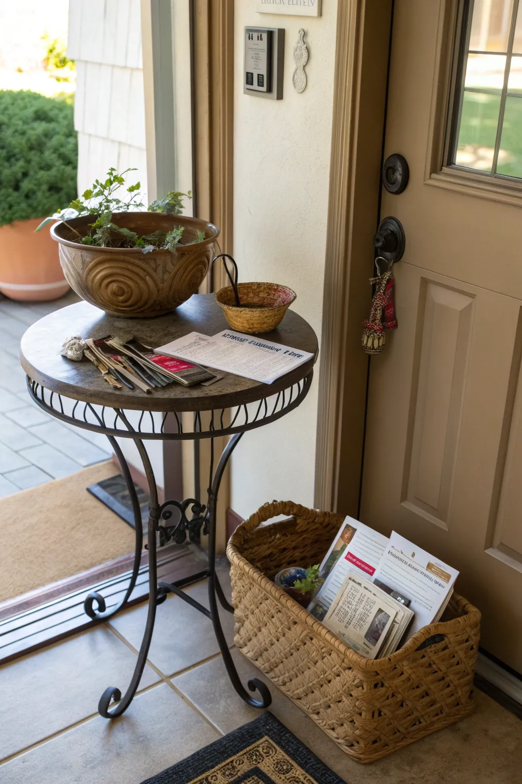 A small table organizing keys and mail in an entryway.