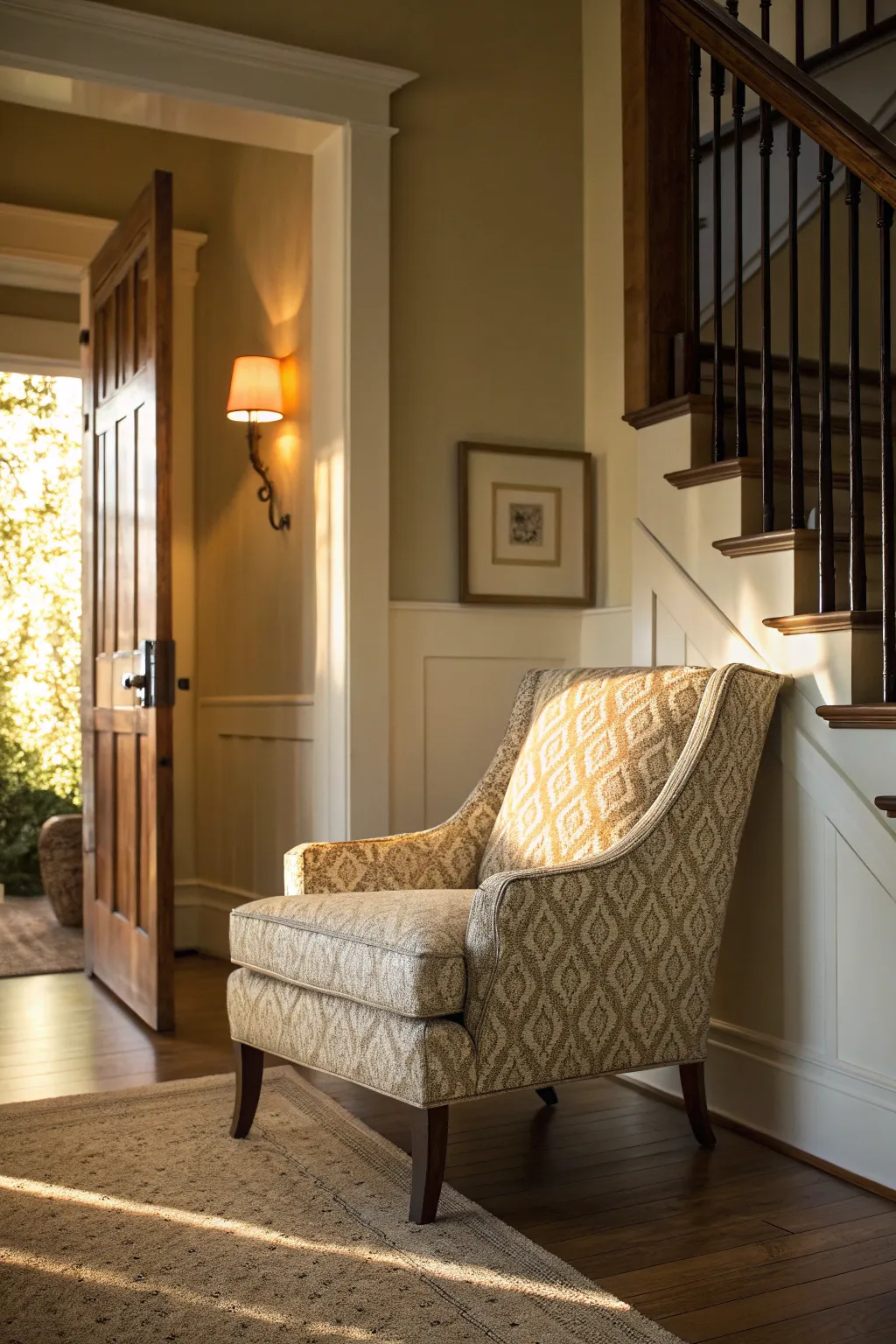 An accent chair creating a cozy nook in an entryway.