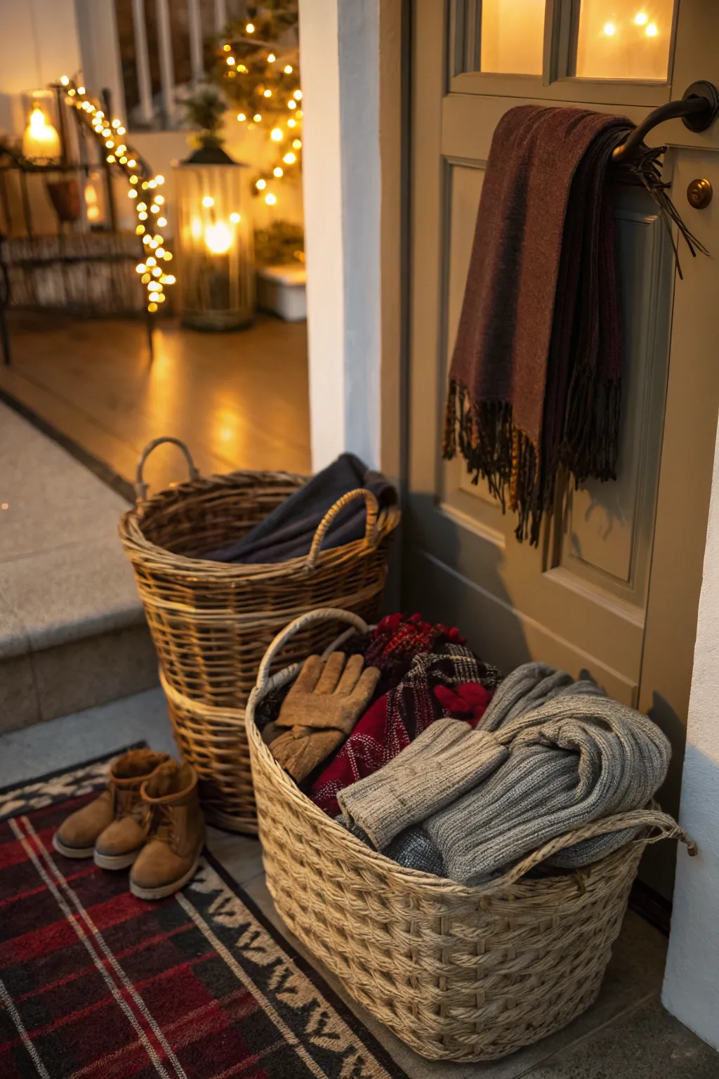 Handmade baskets adding texture and storage in an entryway.